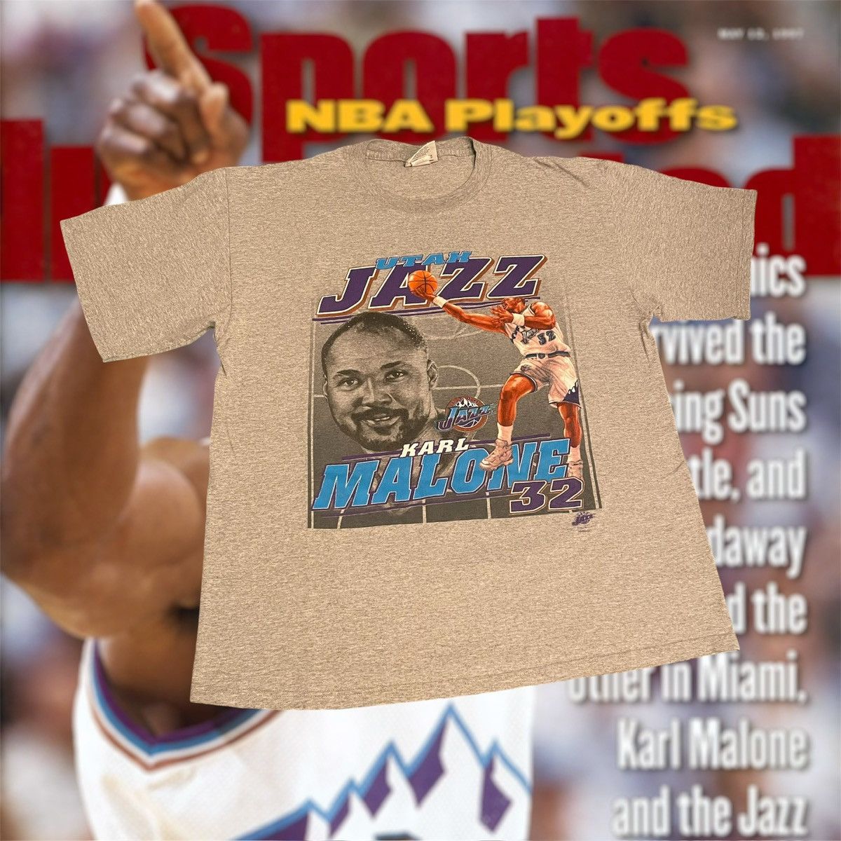 NBA × Vintage Vintage 1990s NBA Karl Malone Utah Jazz Basketball Tee Size US XL / EU 56 / 4 - 1 Thumbnail