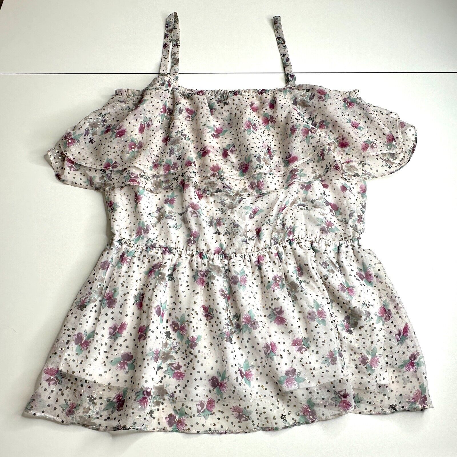 Other NWT Ella Moss White Purple Gold Dot Spaghetti Ruffle Top L Size L / US 10 / IT 46 - 13 Thumbnail