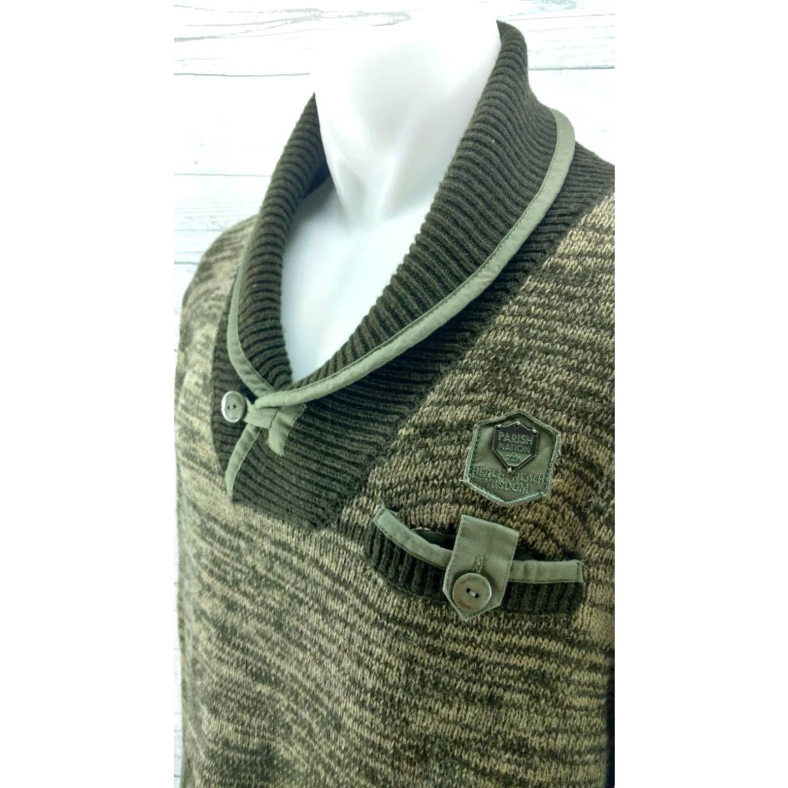 Vintage Parish Nation Sweater XL Green Shawl Neck Pockets Unisex Pullover Elbow Patch Mens Size US XL / EU 56 / 4 - 3 Thumbnail