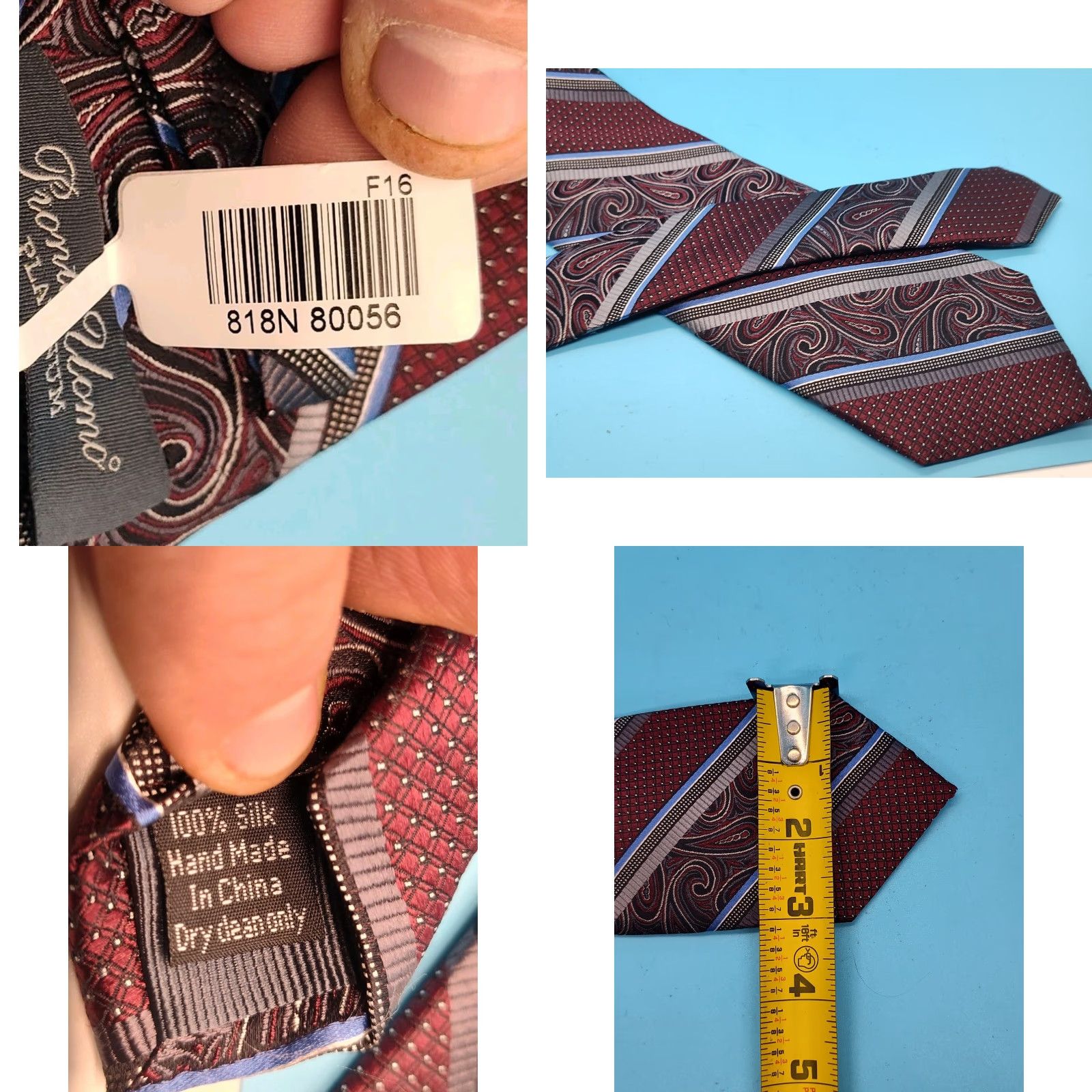 Pronto Uomo VINTAGE Pronto Uomo Silk Necktie Mens Long 3" Burgundy Paisley Silver Geometric Preppy 61" NEW Size ONE SIZE - 8 Thumbnail