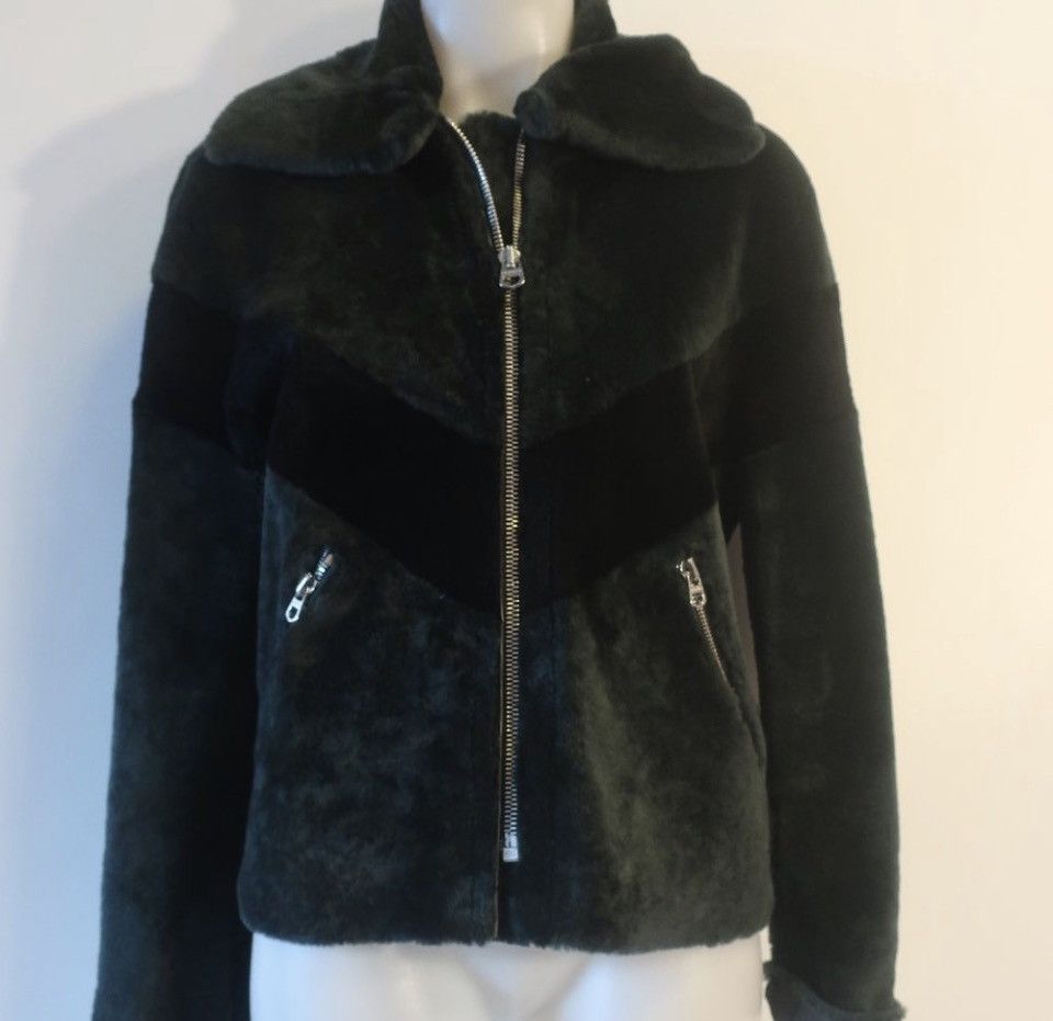 Sandro Sandro Shearling & Leather Zip Jacket Black & Green Chevron Size M / US 6-8 / IT 42-44 - 6 Thumbnail
