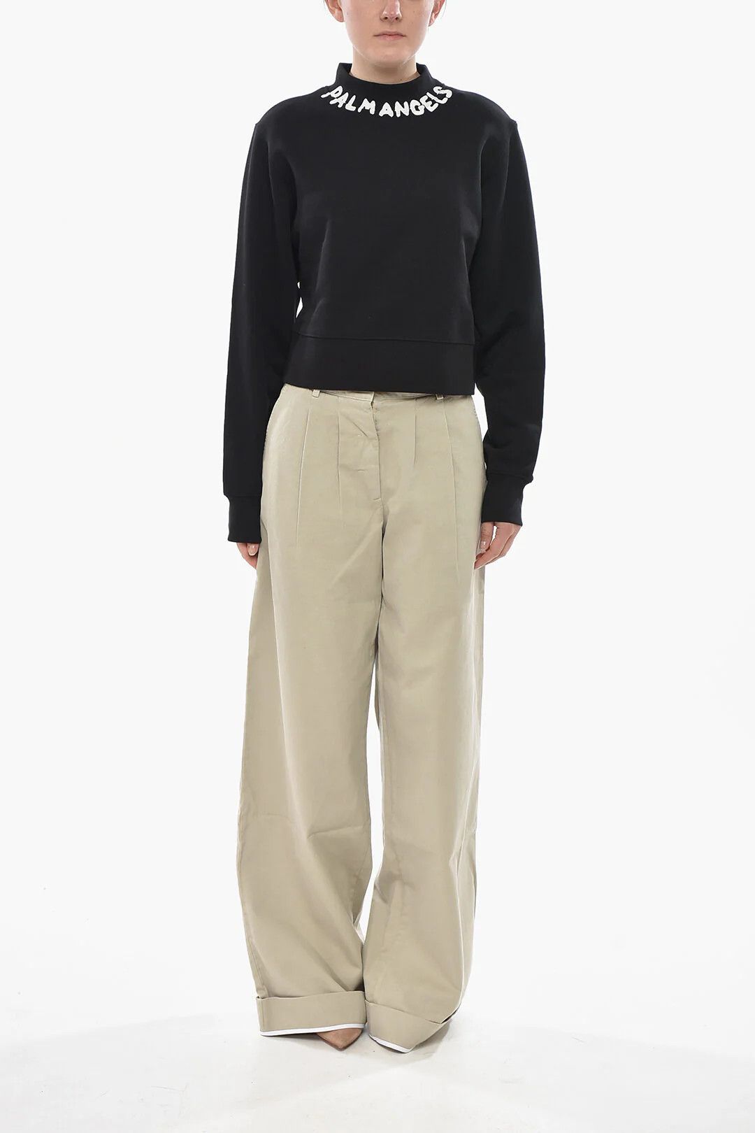 Palm Angels og1mm0326 Cropped-Fit Crewneck Sweatshirt in Black Size S / US 4 / IT 40 - 4 Thumbnail