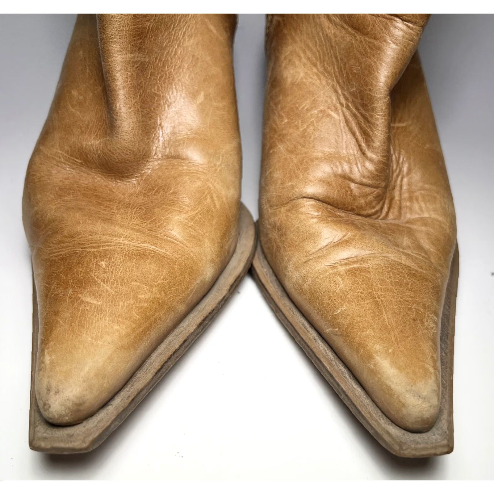 Vintage DESTROY Vintage Western Slouch Boots Tan Leather 37 / 6.5 Brown Tooled Pointed Toe Female Women Cowboy Western Boots Size US 7 / IT 37 - 7 Thumbnail