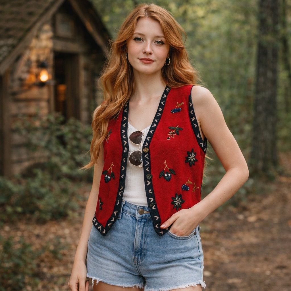 Vintage Vintage 1980s Red Felted Wool Embroidered Vest L Size L / US 10 / IT 46 - 1 Thumbnail