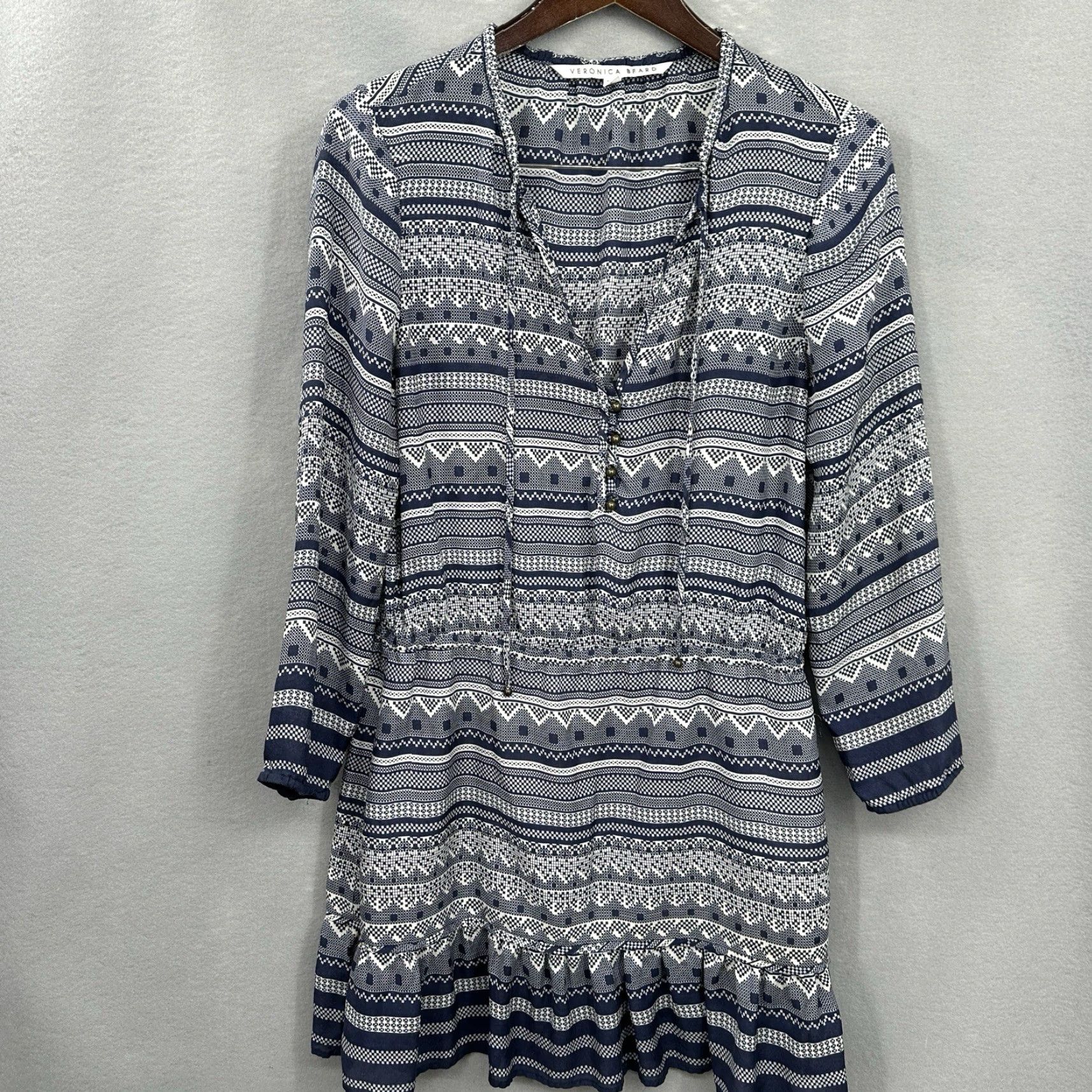 Veronica Beard VERONICA BEARD Dress Womens 8 BLUE Silk Geometric Boho A-Line Balloon Sleeve V-Neck Short Dress 8 Womens Size M / US 6-8 / IT 42-44 - 2 Thumbnail