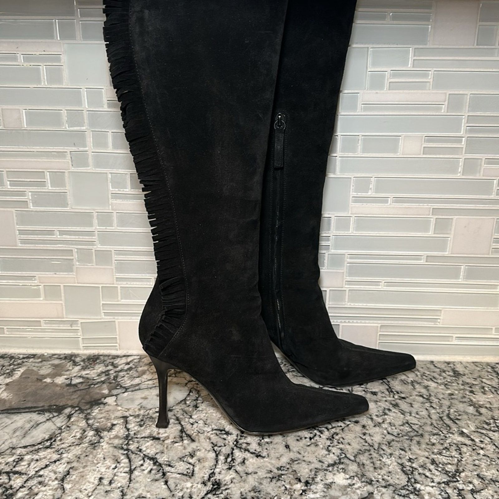 St. John Suede Fringe Knee High Heeled Boots - 7B