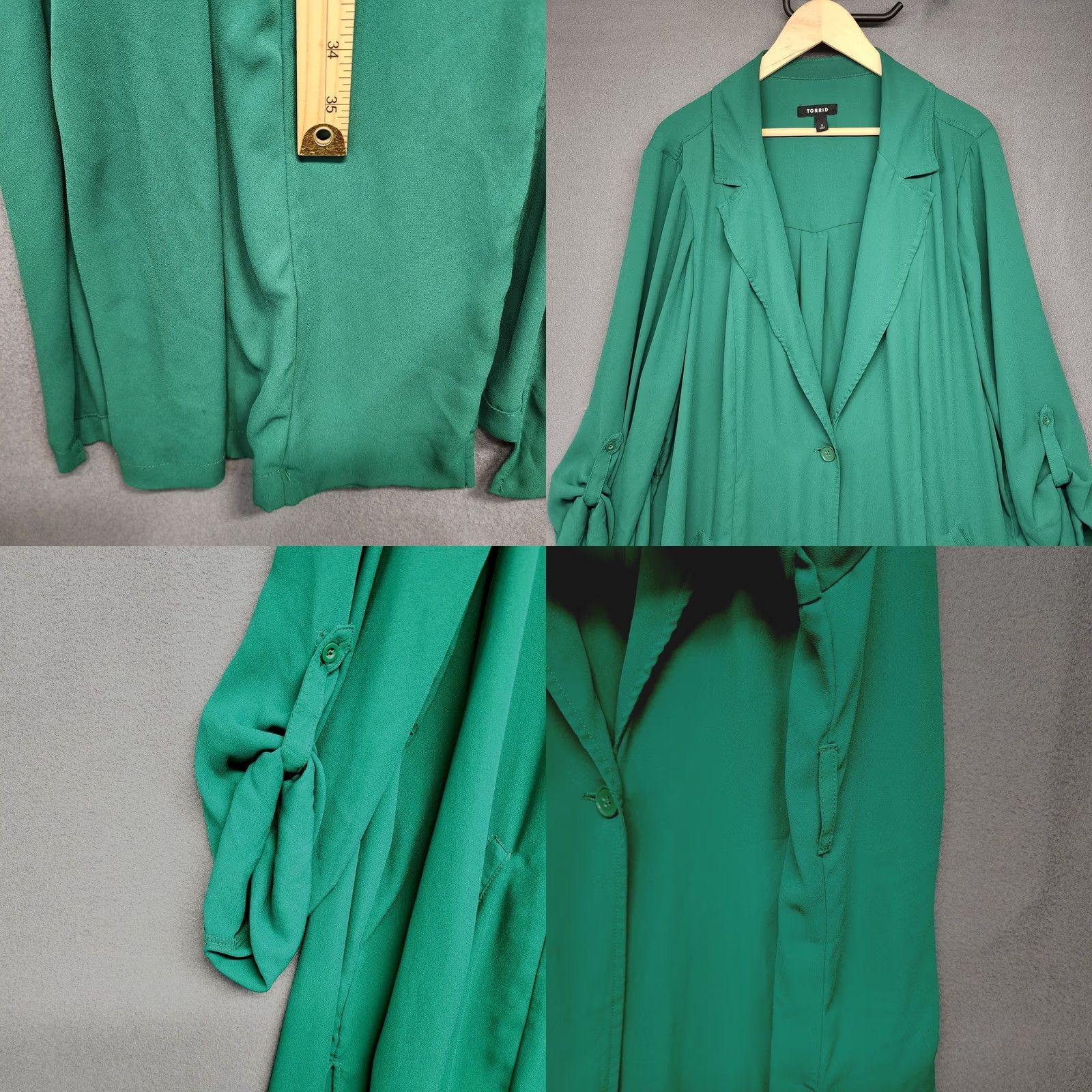 Torrid VINTAGE Torrid Top Womens 3X Green Duster Cardigan Long Line Roll Tab Sleeves NO BELT Women Cardigan Button-Up Solid Green 3X Long Sleeve Womens Size XXL / US 16-18 / IT 52-54 - 8 Thumbnail