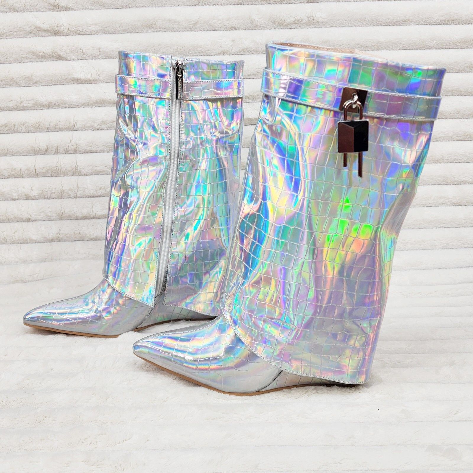 Other Vision Royal Silver Hologram Wedge Heel Fold Over Skirted An Size US 6 / IT 36 - 5 Thumbnail