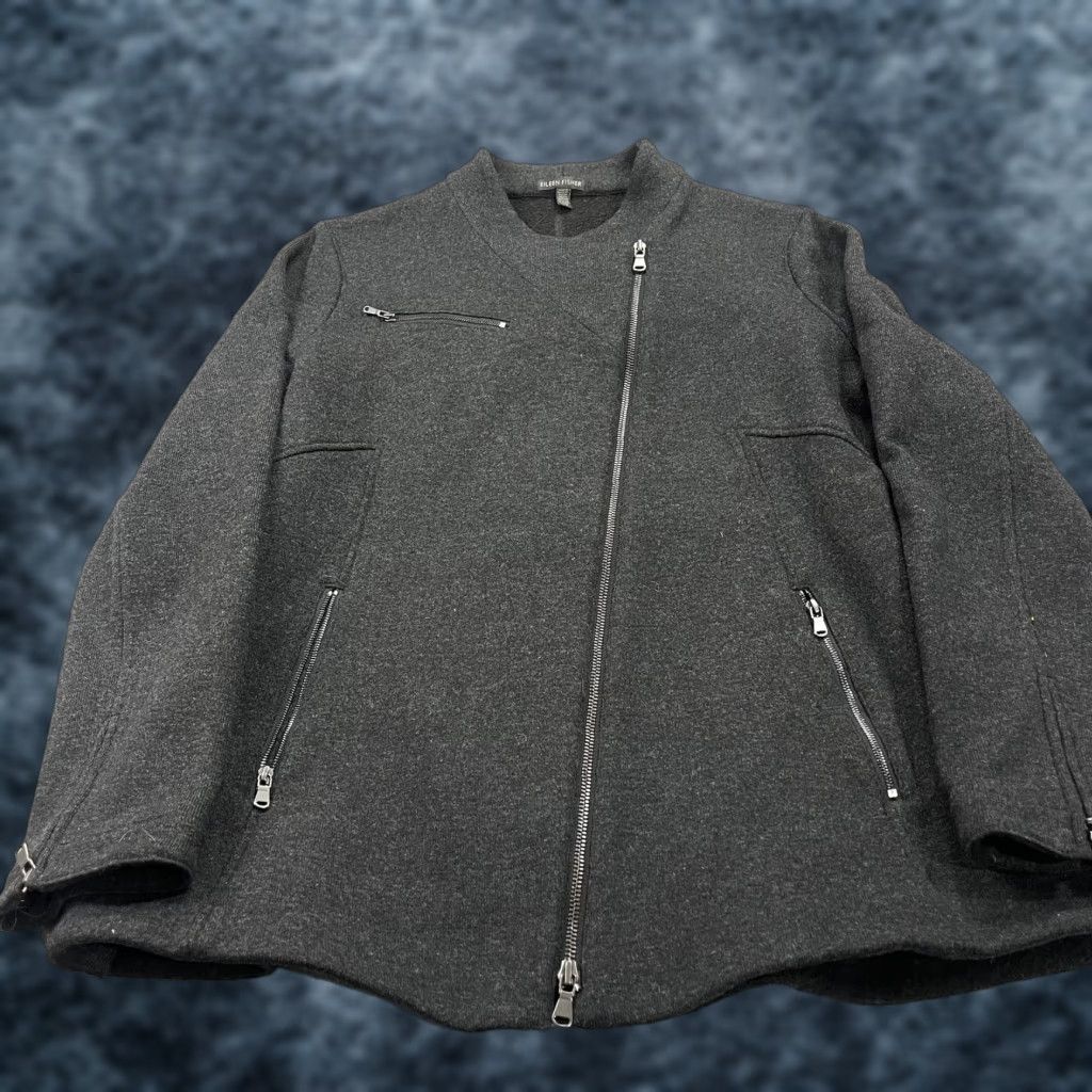 Eileen Fisher VINTAGE Eileen Fisher Jacket Mens? Womens Large Gray Wool Knit Asymmetrical Zip Moto Style Full Zip Pockets Mid-Length Size L / US 10 / IT 46 - 1 Thumbnail