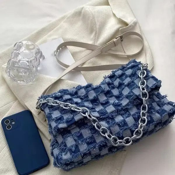 Japanese Brand Denim Checkered Raw Trim Flap Bag Size ONE SIZE - 4 Thumbnail
