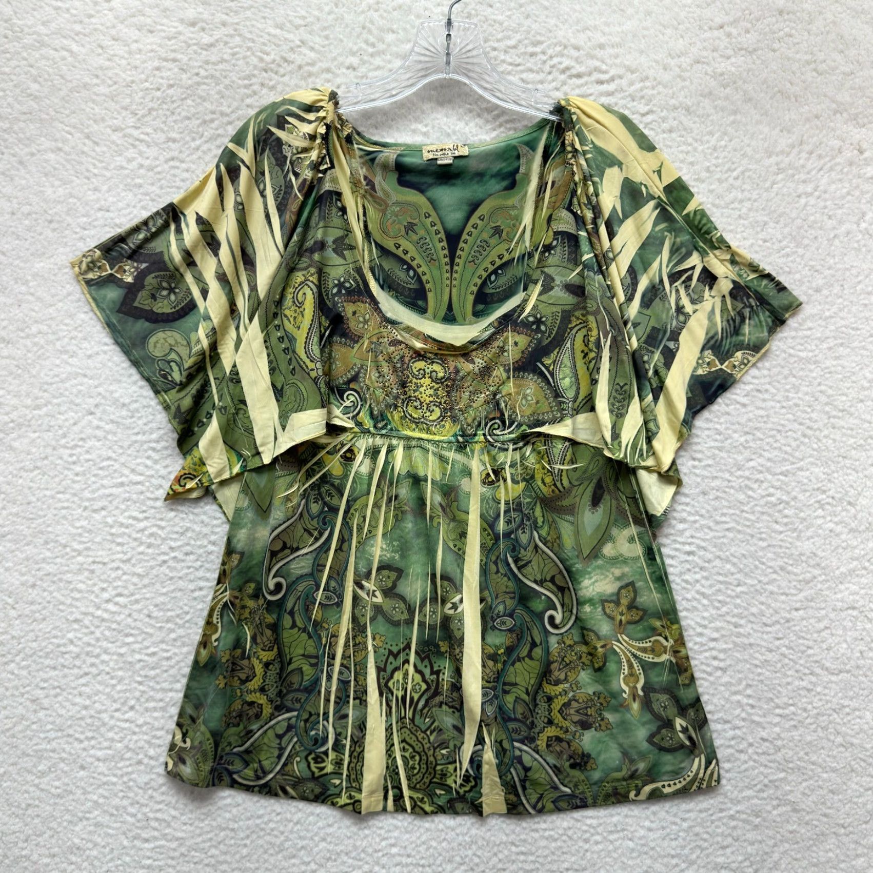 Vintage VINTAGE One World Shirt M Green Y2K Boho Kaftan Studded Slinky Grunge McBling Fairy Hippy Girls Size M / US 6-8 / IT 42-44 - 2 Thumbnail