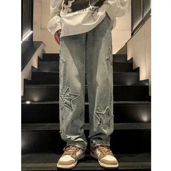 Jean Star Embroidery Straight Casual Men Jeans Size US 30 / EU 46 - 2 Thumbnail
