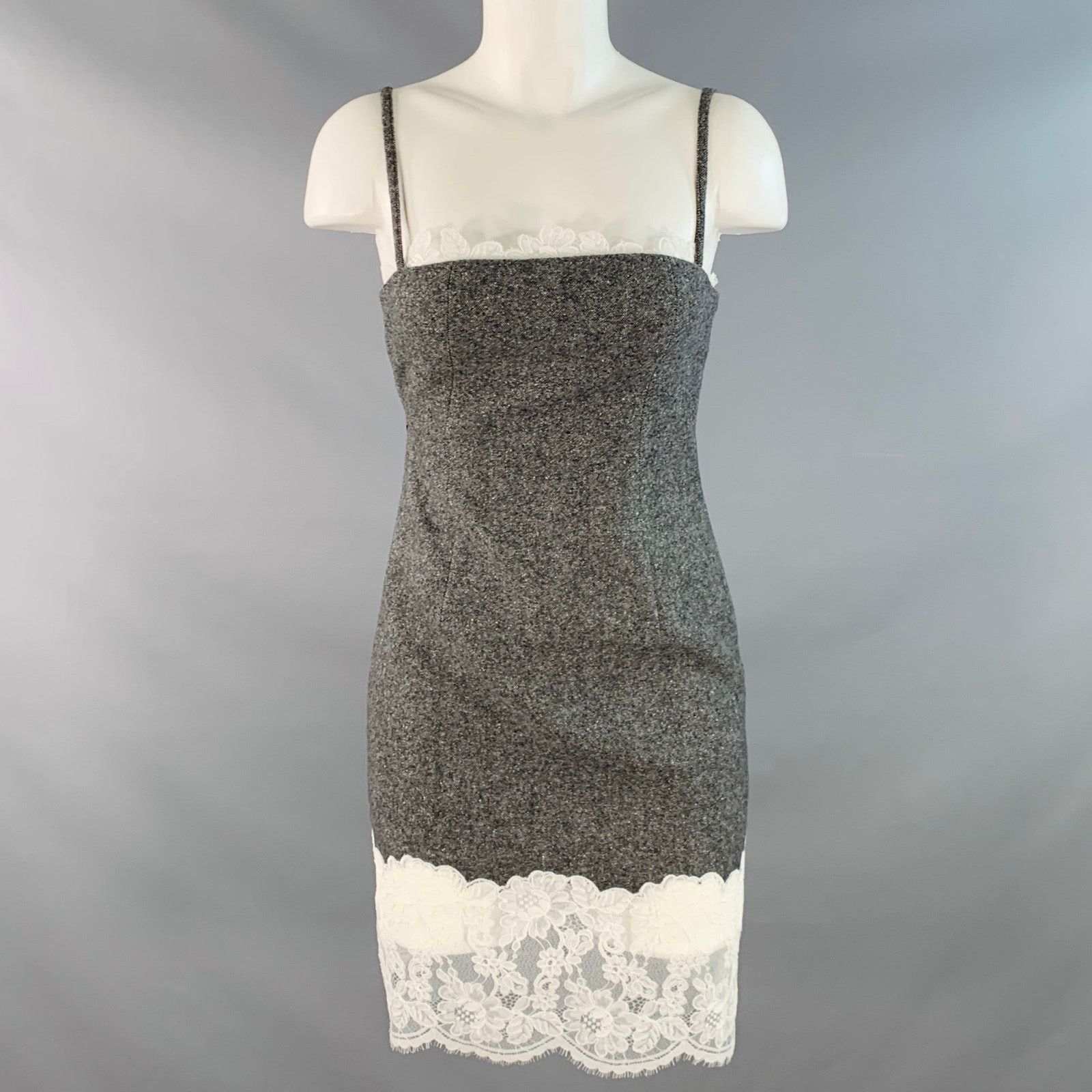 Other Grey White Wool Blend Tweed Spaghetti Straps Lace Trim Dress Size XXS / US 00 / IT 34 - 1 Thumbnail