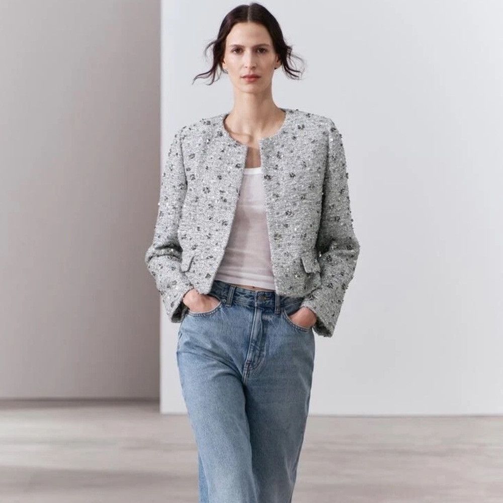 Zara ZARA ZW COLLECTION SS24 CROPPED SILVER SEQUIN JACKET REF. 2 Size M / US 6-8 / IT 42-44 - 8 Thumbnail