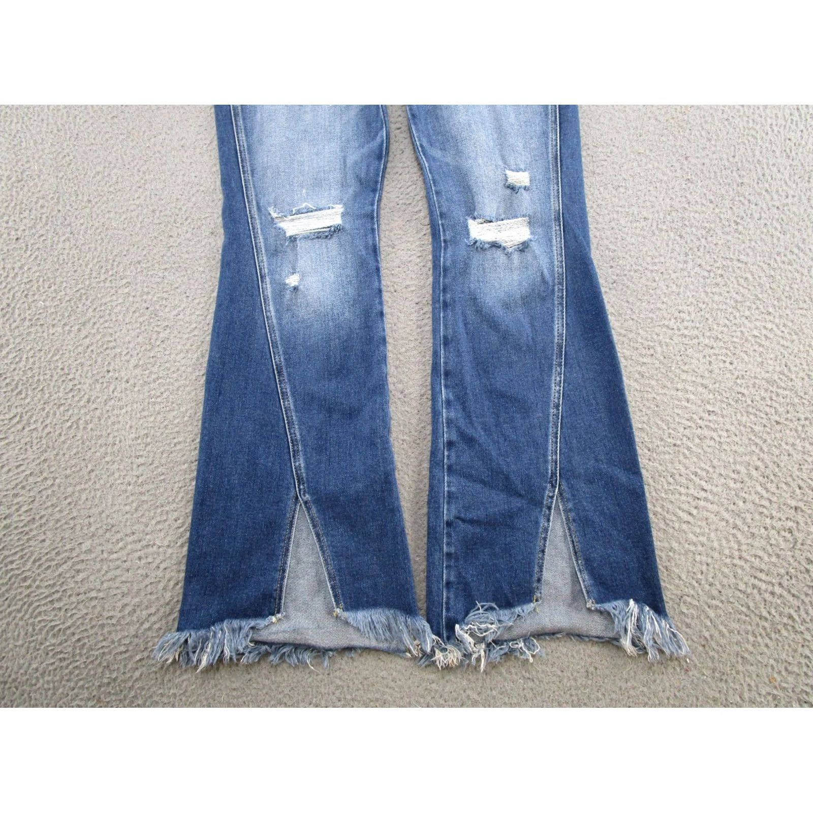 Vintage Kancan Jeans Womens Size 28 Blue Stretch Denim Distressed 5-Pocket Flared Raw Hem Jeans Size 28" / US 6 / IT 42 - 2 Thumbnail