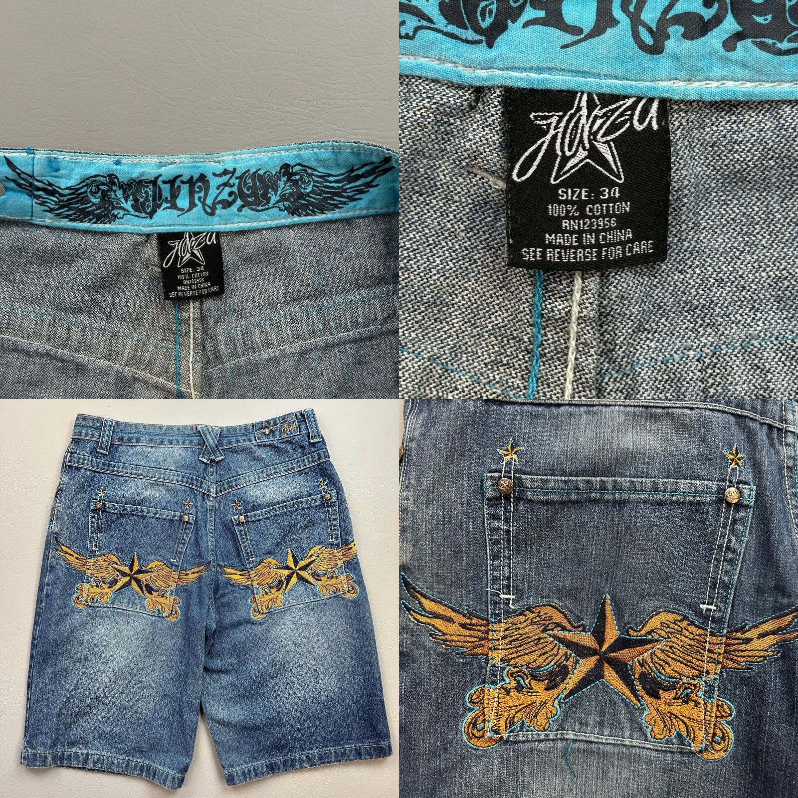 Denime VINTAGE Jinzu Shorts Mens 34 Blue Denim Baggy Embroidered Hip Hop Punk Skate Y2K Size US 34 / EU 50 - 8 Thumbnail