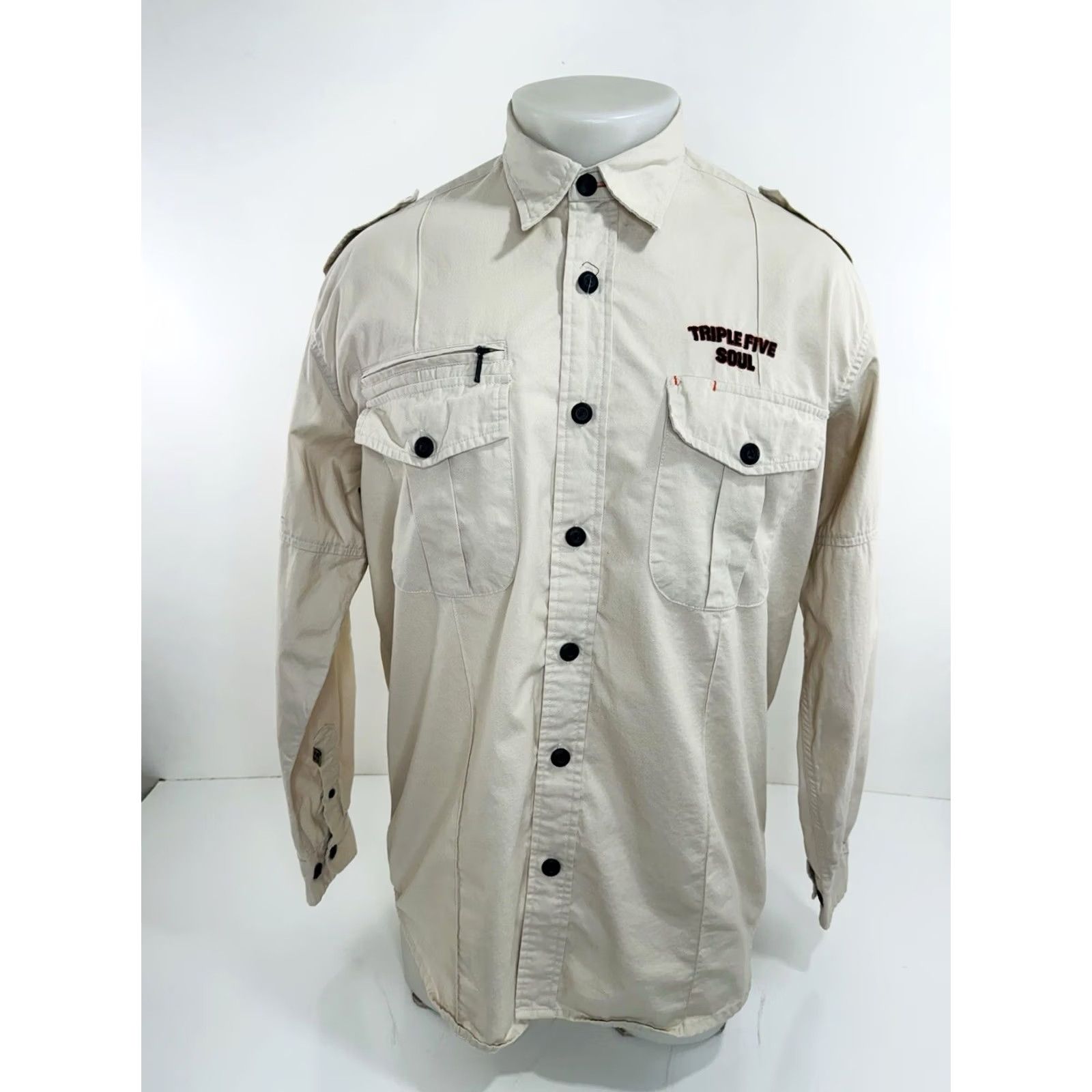 Vintage TRIPLE FIVE SOUL Embroidered Mens M Epaulets Shirt - Beigе Button-Up Long Sleeve Christmas? Size US M / EU 48-50 / 2 - 2 Thumbnail