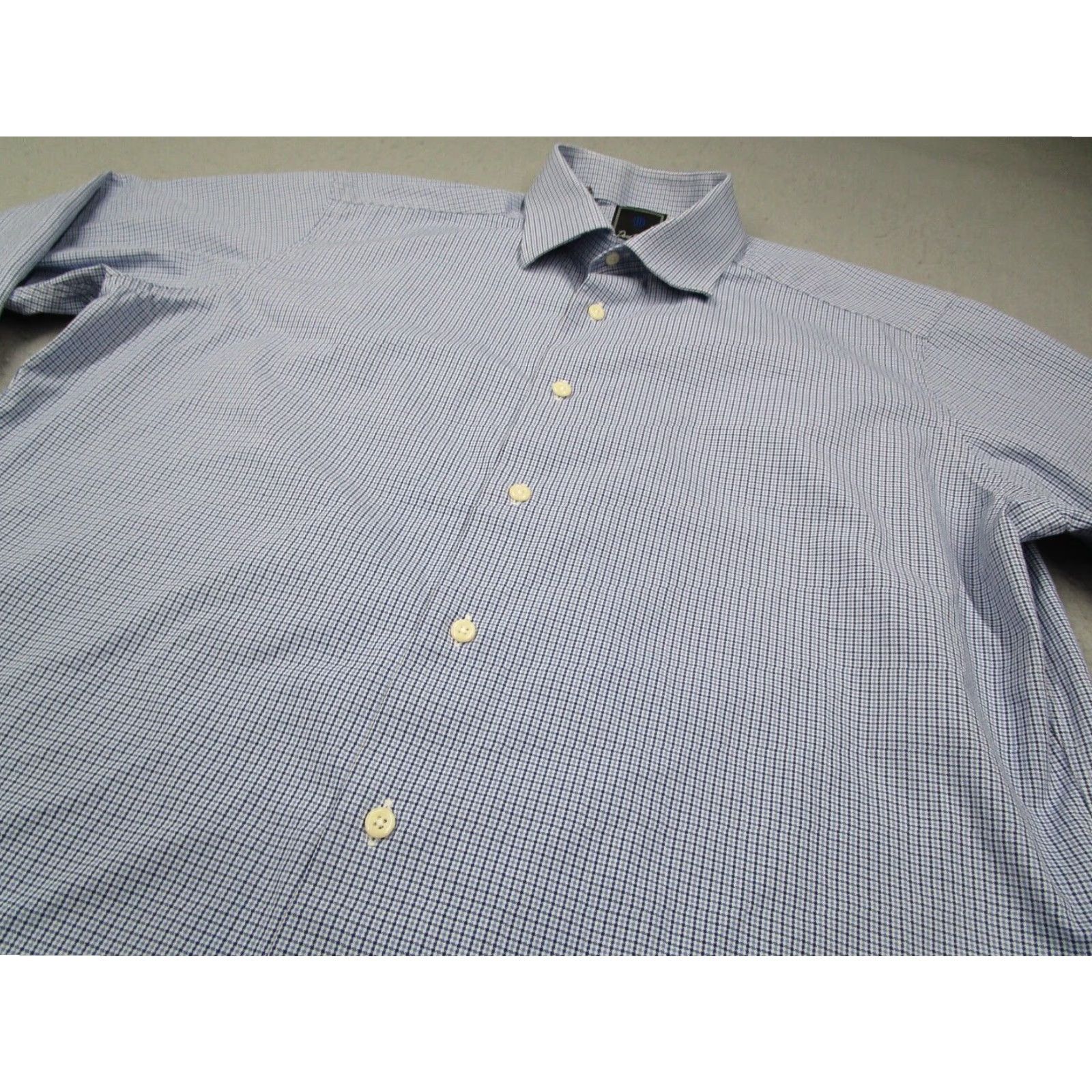 David Donahue David Donahue Mens 17.5 34 Trim Fit Blue Check Dress Shirt Long Sleeve Button Up Cotton Size 34R - 2 Thumbnail