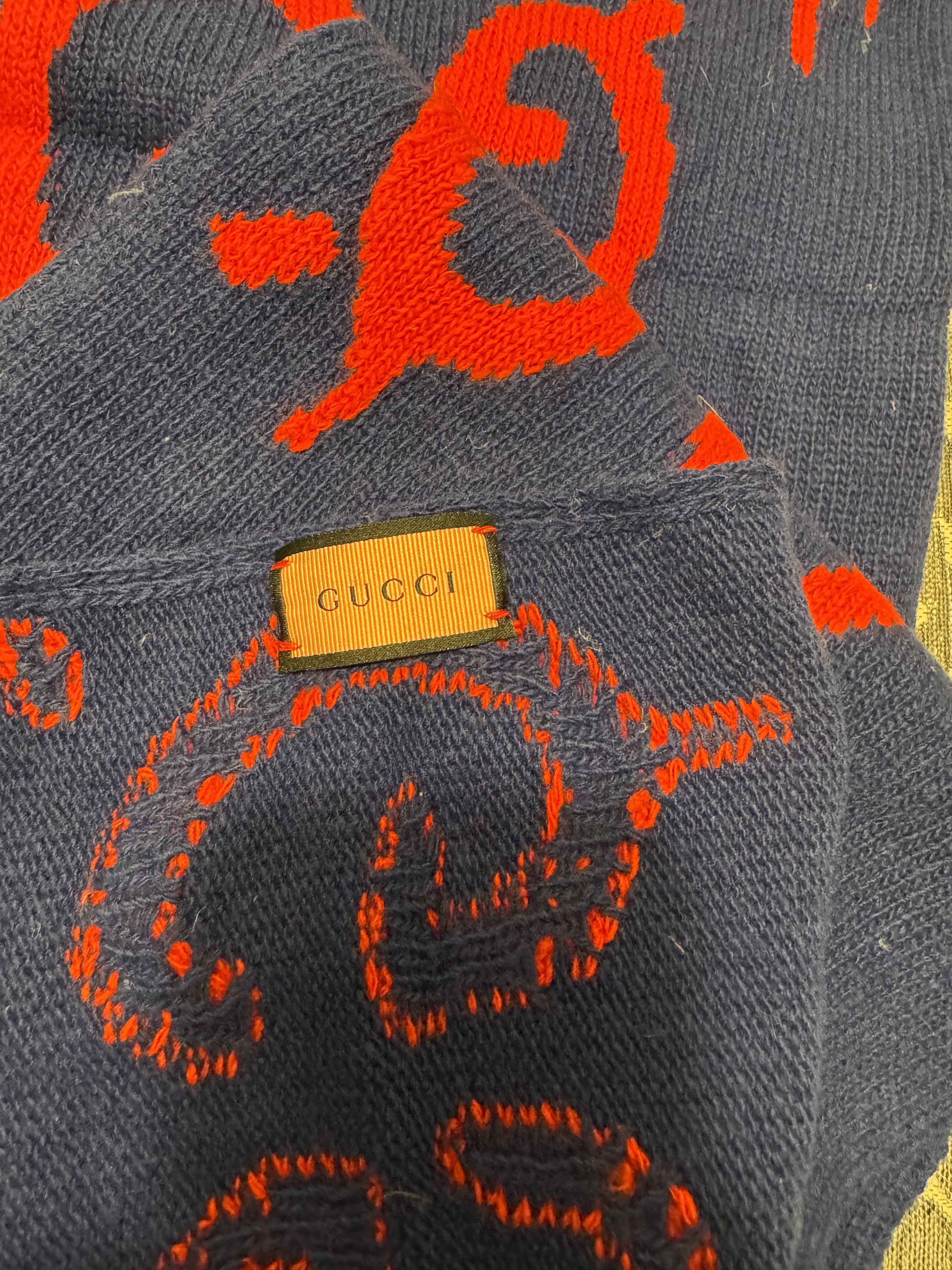 Gucci Gucci Blue Scarf with Red GG Logo Size ONE SIZE - 4 Thumbnail