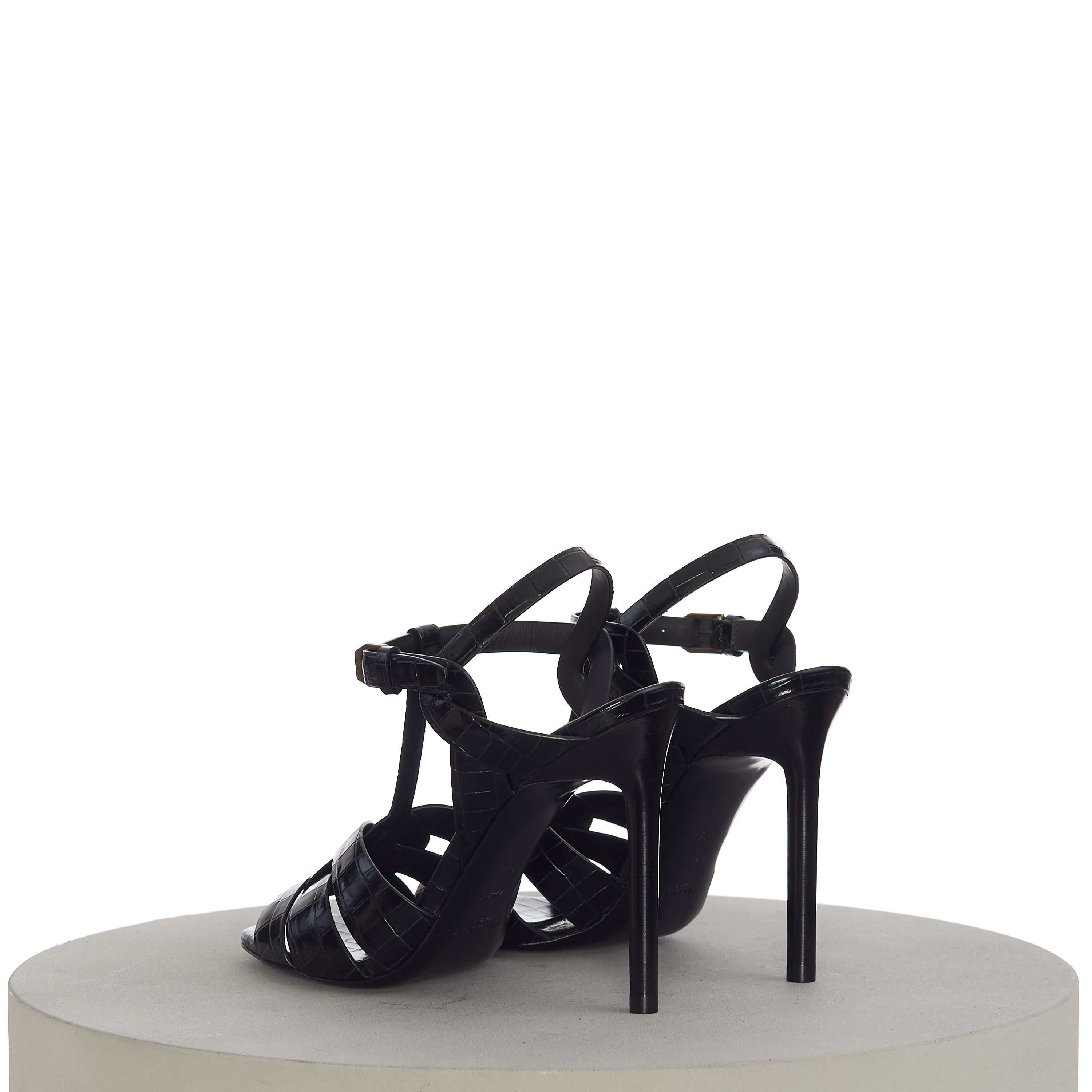 Saint Laurent Paris Tribute Sandals In Black Crocodile-Embossed Shiny Leather Size US 9.5 / IT 39.5 - 6 Thumbnail