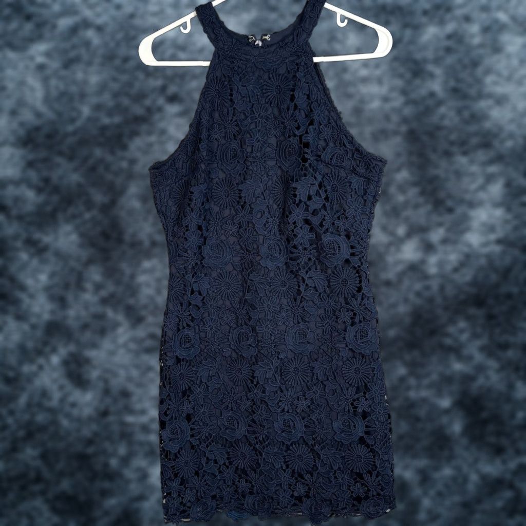 Lulus Navy Blue Floral Lace Halter Dress Sleeveless Back Zipper Women Large  - ilac.rochib.com