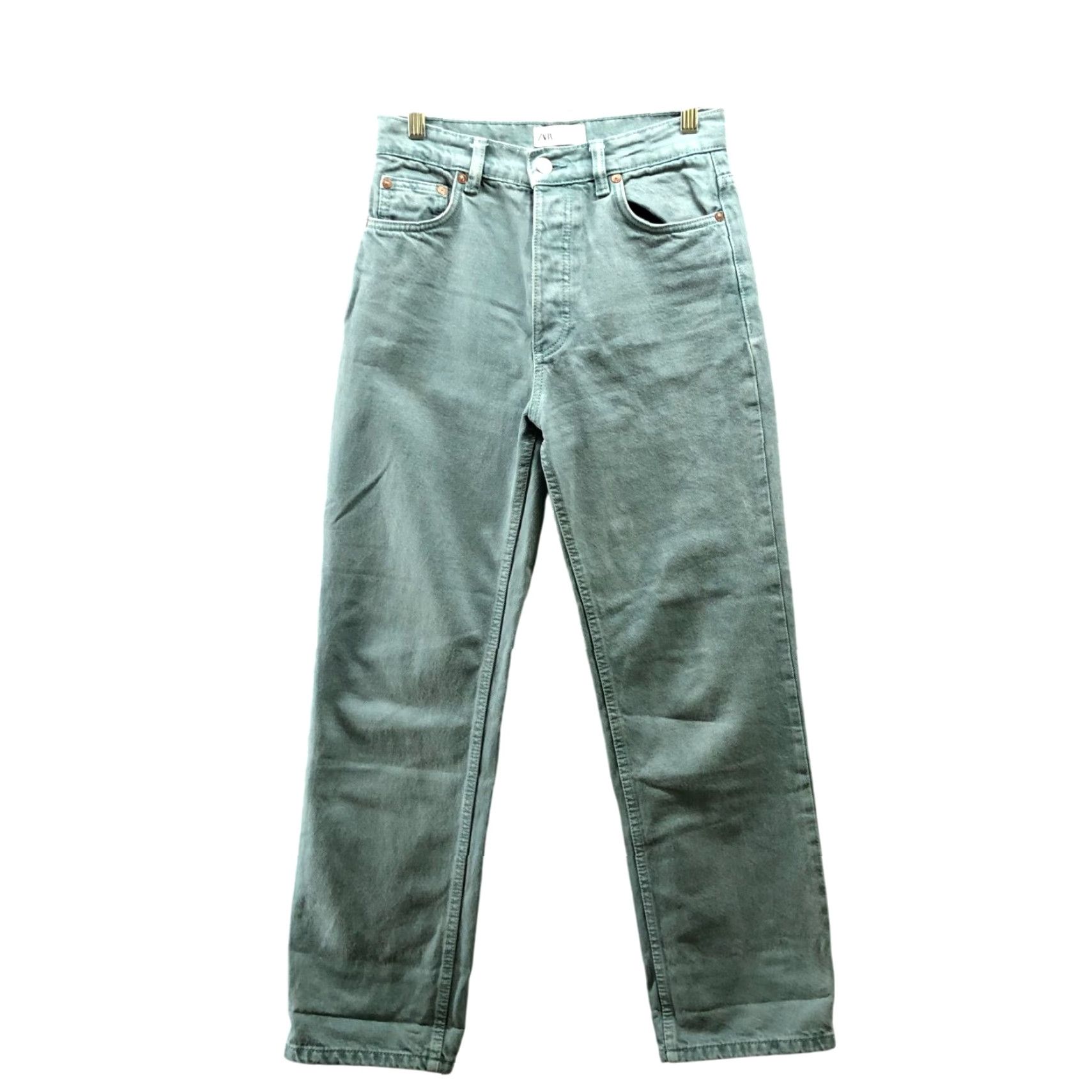 Zara VINTAGE Zara High Waisted Straight Leg Jean Womens 4 Sage Green Button Fly Cotton Size 27" / US 4 / IT 40 - 2 Thumbnail