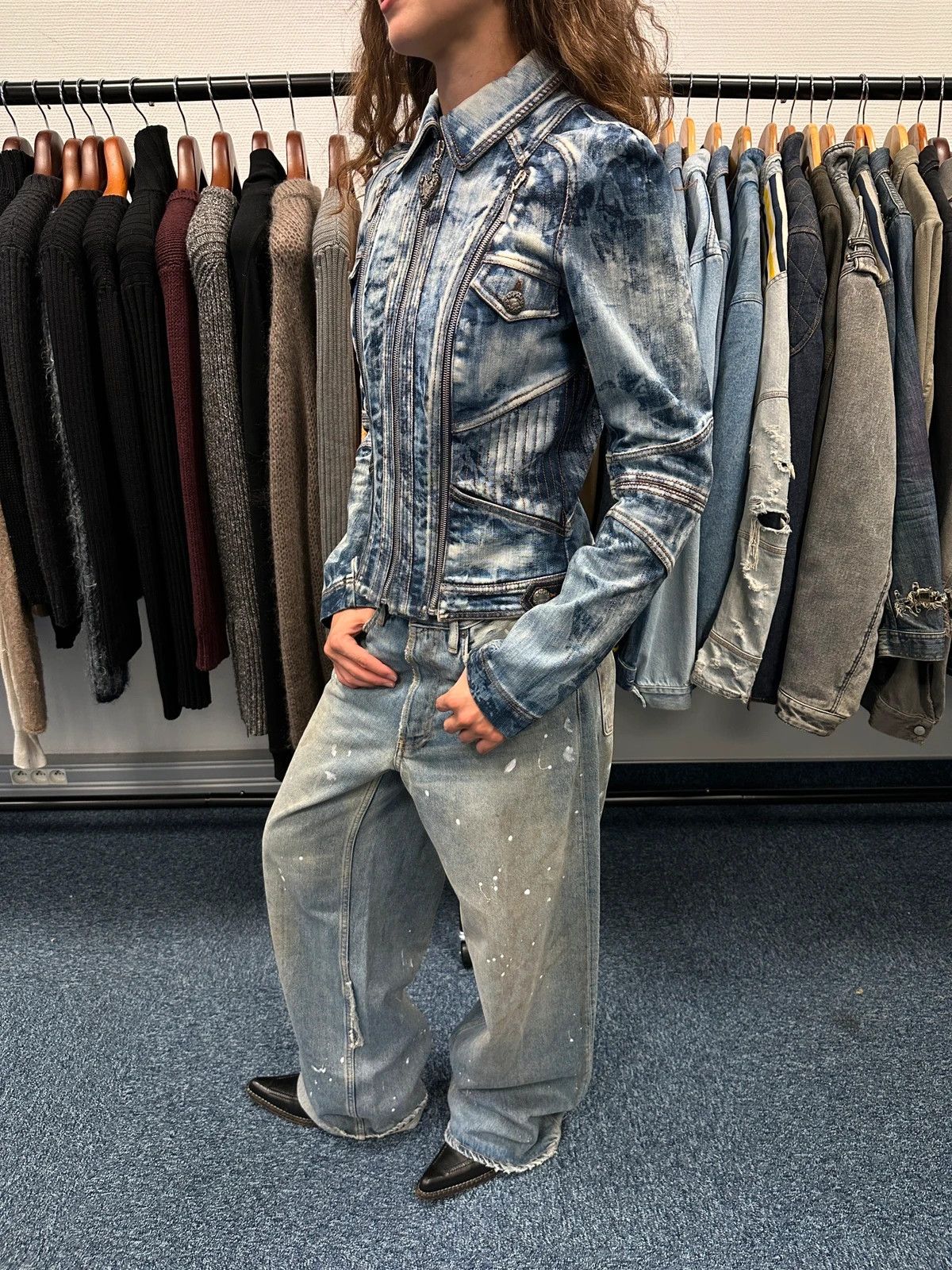 Just Cavalli Just Cavalli 00’s Sky Blue Print Multi Zip Denim Jacket Size S / US 4 / IT 40 - 2 Thumbnail