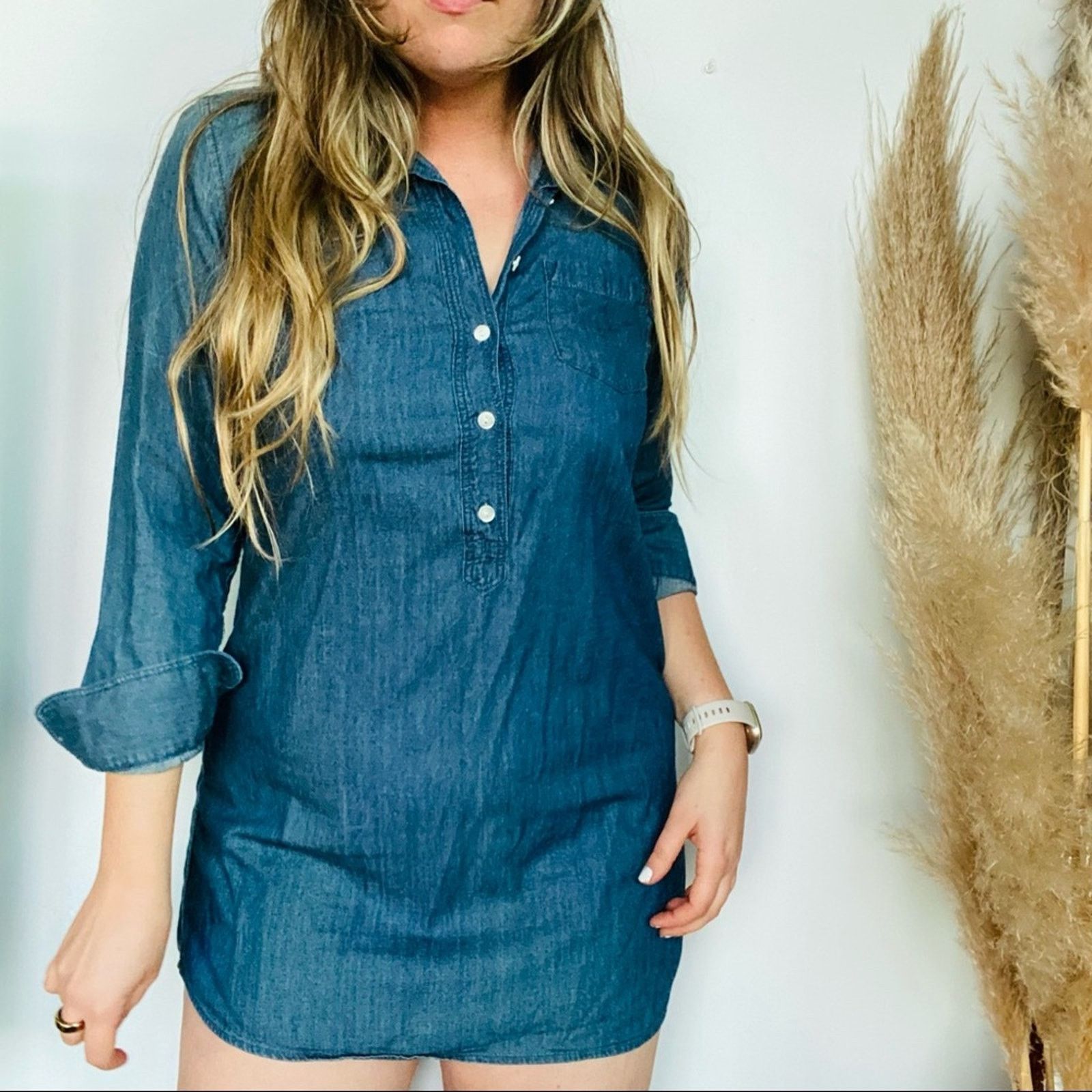 J CREW Blue Denim Jeans Long Sleeve Henley Button Front Tunic Mini Dress factory 8