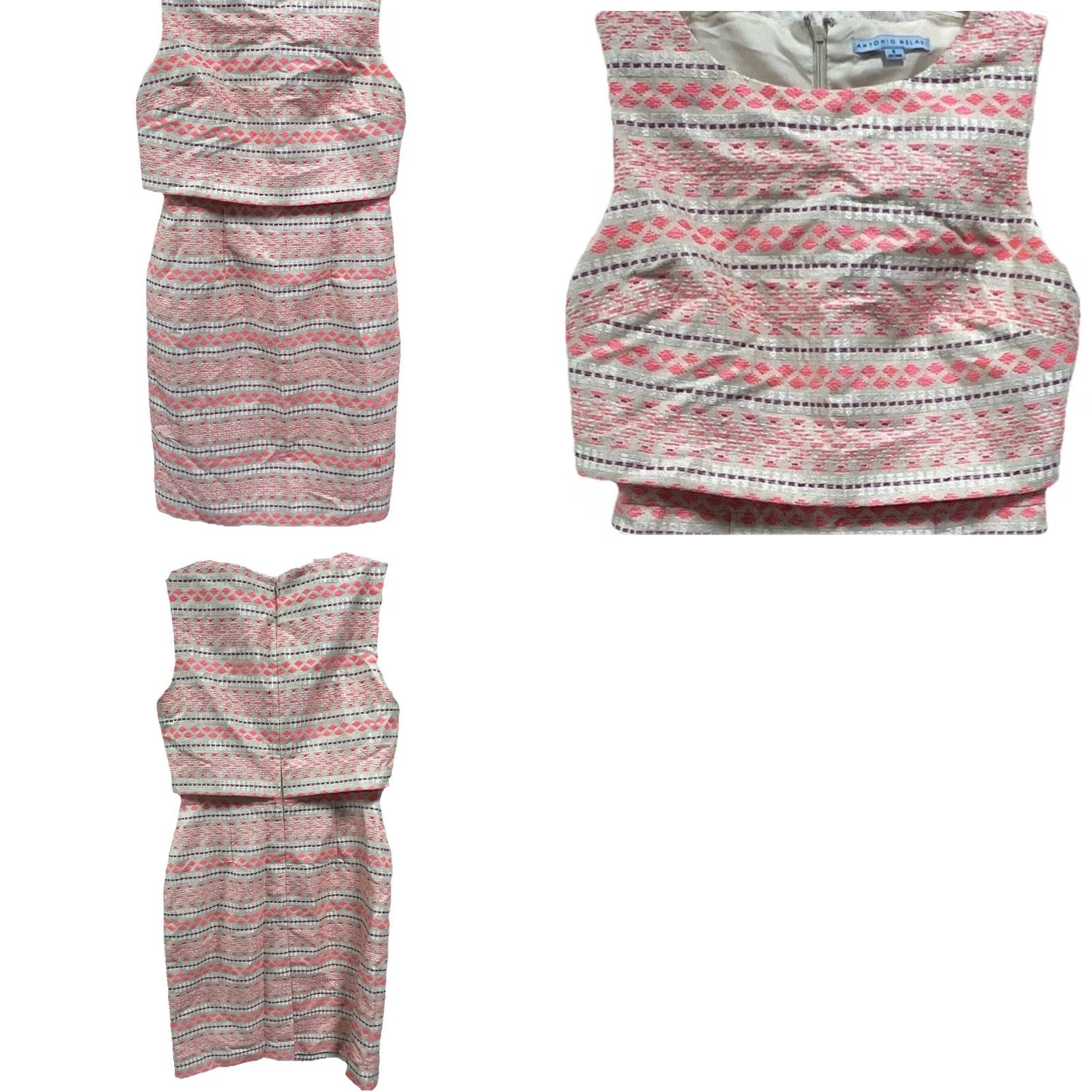 Vintage Antonio Melani Dress Sheath Sleeveless Pink Cream Jacquard Textured Knee Length Crew Neck Zip Back Lined Womens 8 Size M / US 6-8 / IT 42-44 - 10 Thumbnail