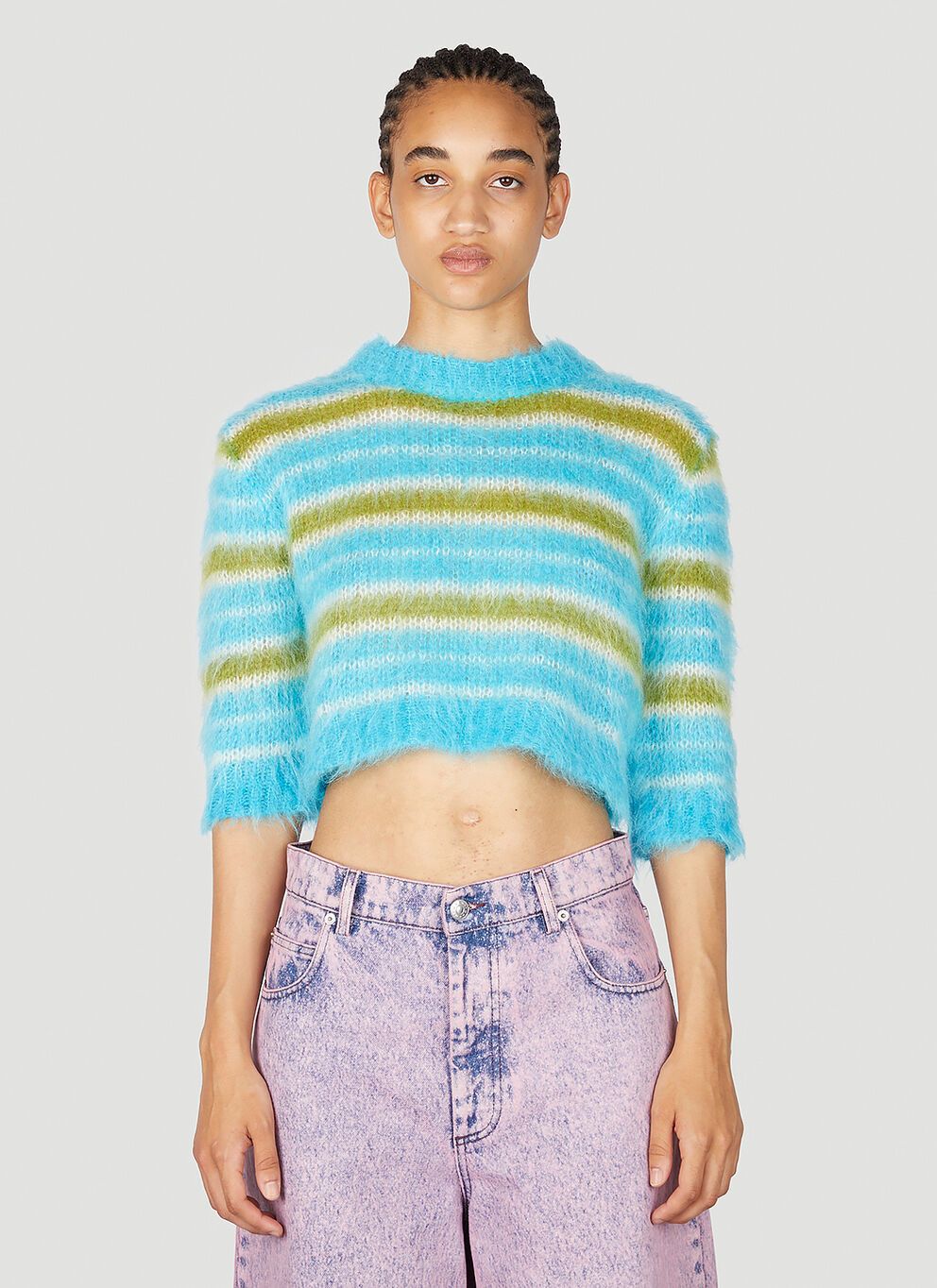 image of Marni Striped Mohair Crop Sweater in Blue, Women's (Size XS)