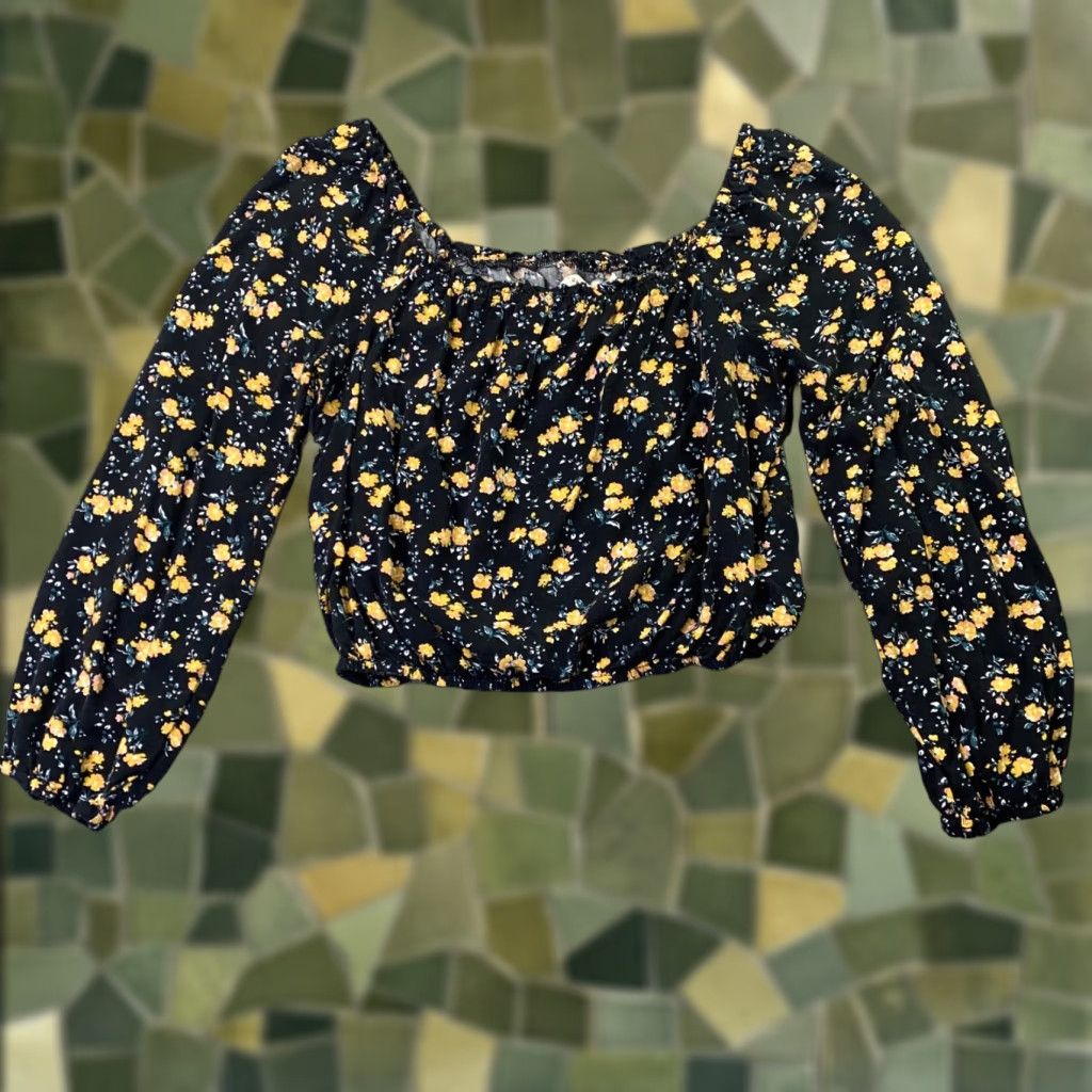 Aeropostale Aeropostale Shirt Womens Small Blue Floral Long Sleeve Off the Shoulder Cropped Balloon Sleeve Casual Size S / US 4 / IT 40 - 1 Thumbnail
