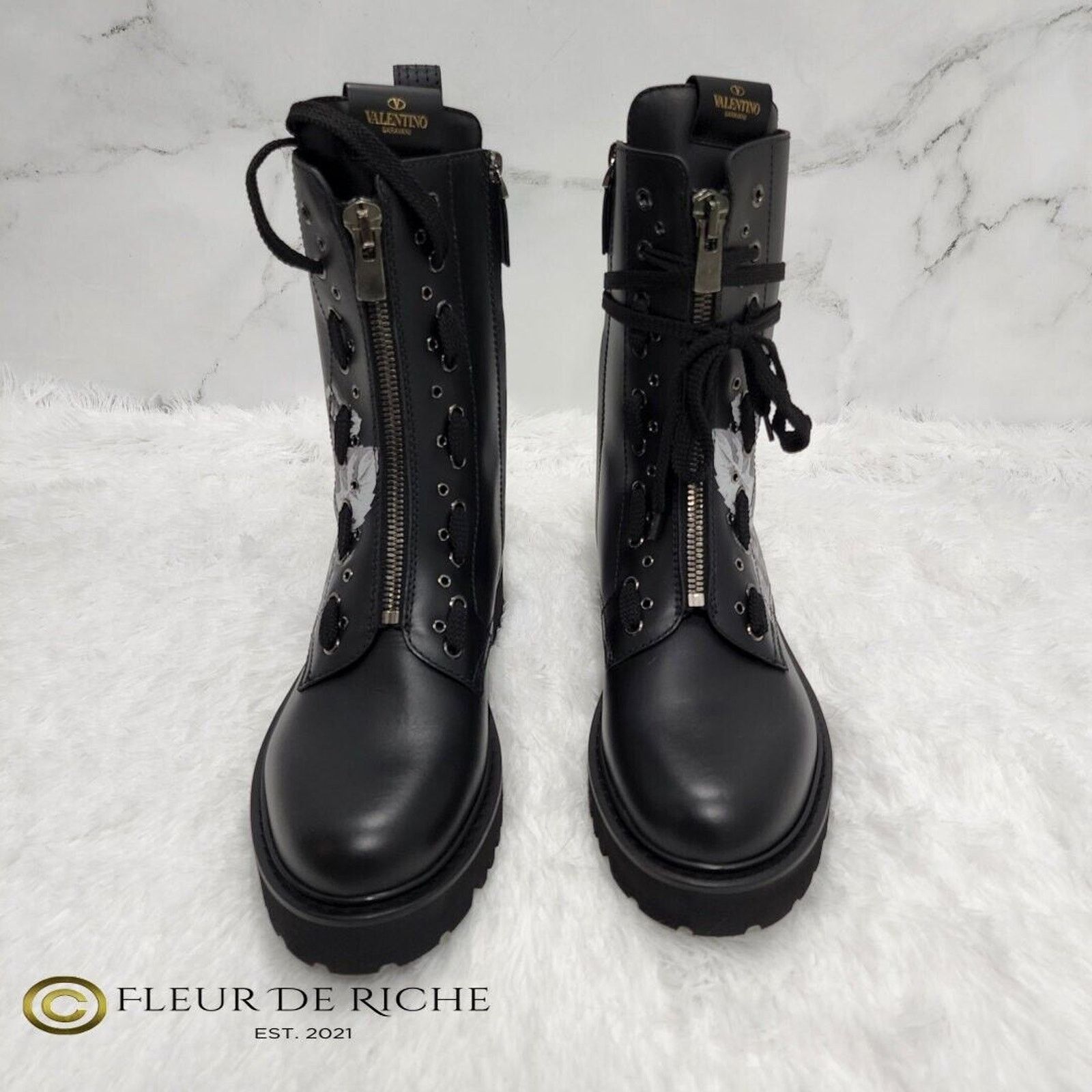 Valentino Valentino x Undercover Black Rose Print Leather Combat Boots Size US 9 / IT 39 - 3 Thumbnail