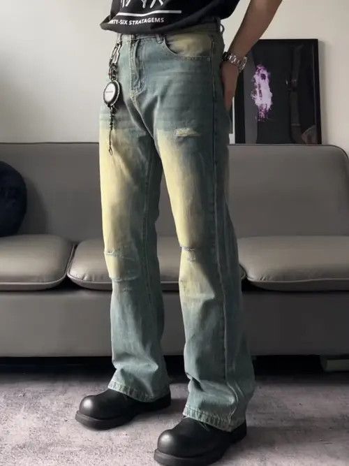 image of Vintage Damaged Distressed Ripped Flared Jeans in Faded Blue, Men's (Size 30)