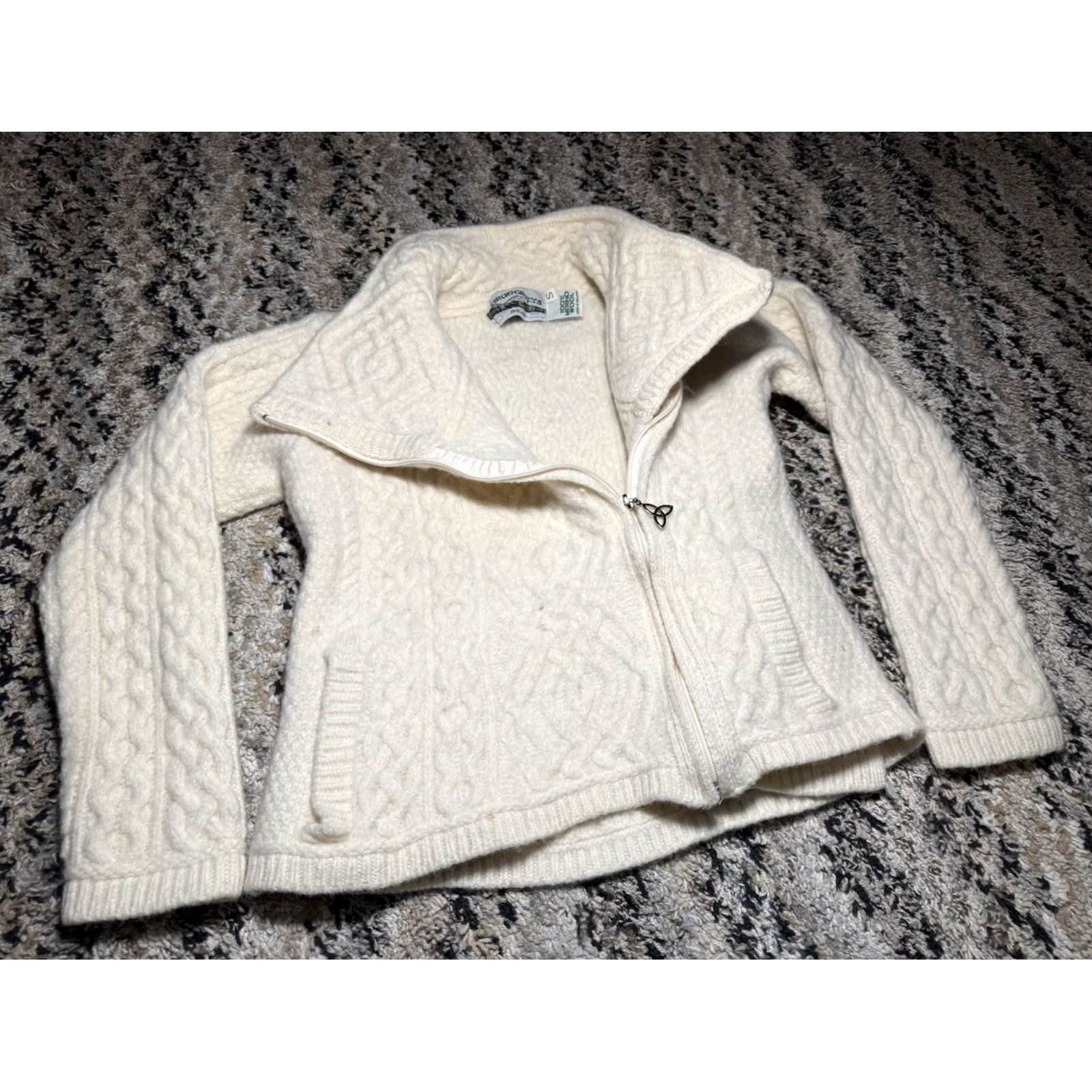 Vintage Aran Crafts Sweater Women Zip Merino Wool Asymmetrical Cable Knit Fisherman S Ivory Size S / US 4 / IT 40 - 2 Thumbnail