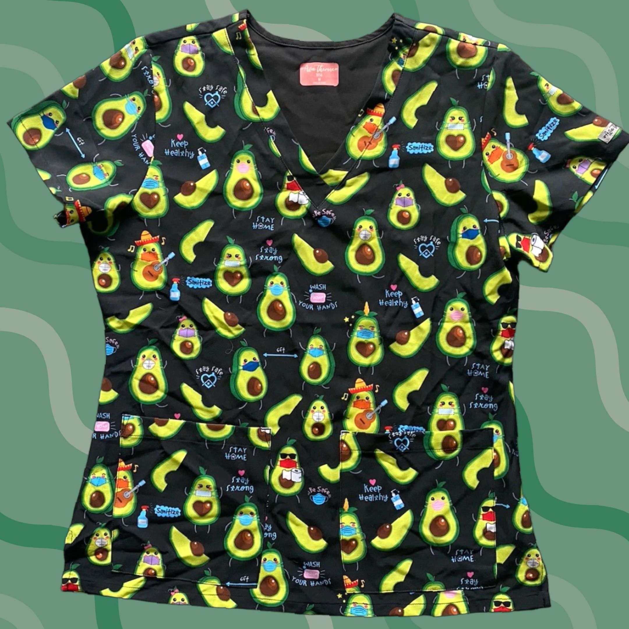 Vintage NWT Ava Therese Scrub Top WOMENS MEDIUM Black/Green Pockets Avocados Doctor Masks Size M / US 6-8 / IT 42-44 - 1 Thumbnail