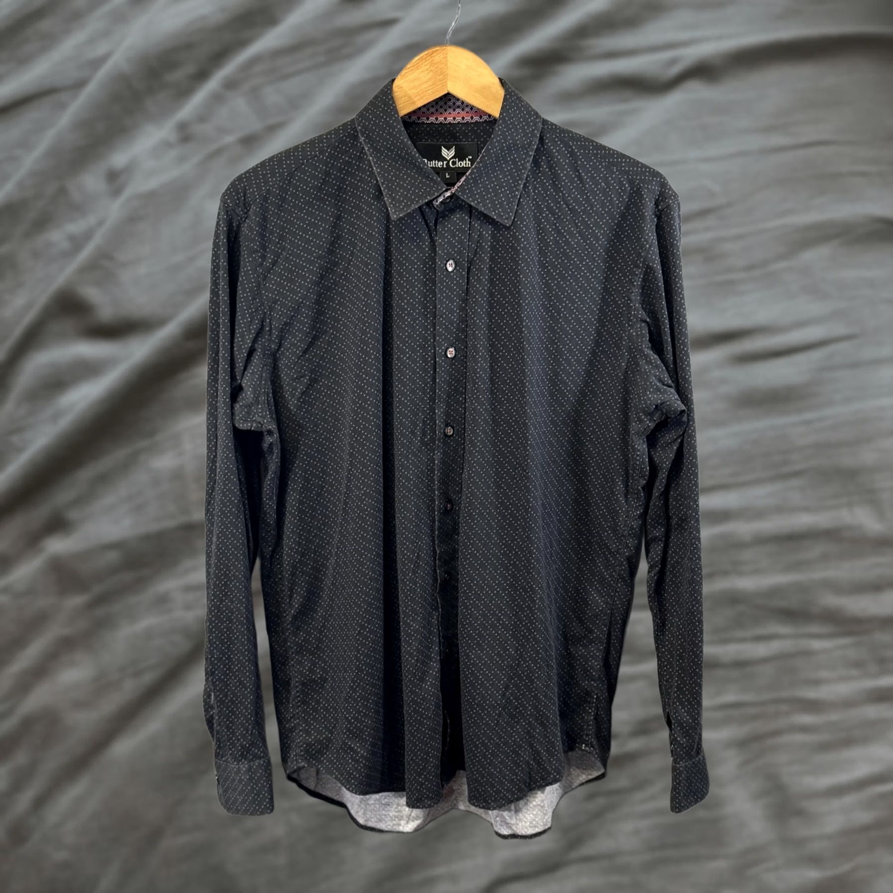 Buttero Butter Cloth Shirt Mens Large Black Polka Dot Button Up Long Sleeve Dress Modern Size 42R - 1 Thumbnail