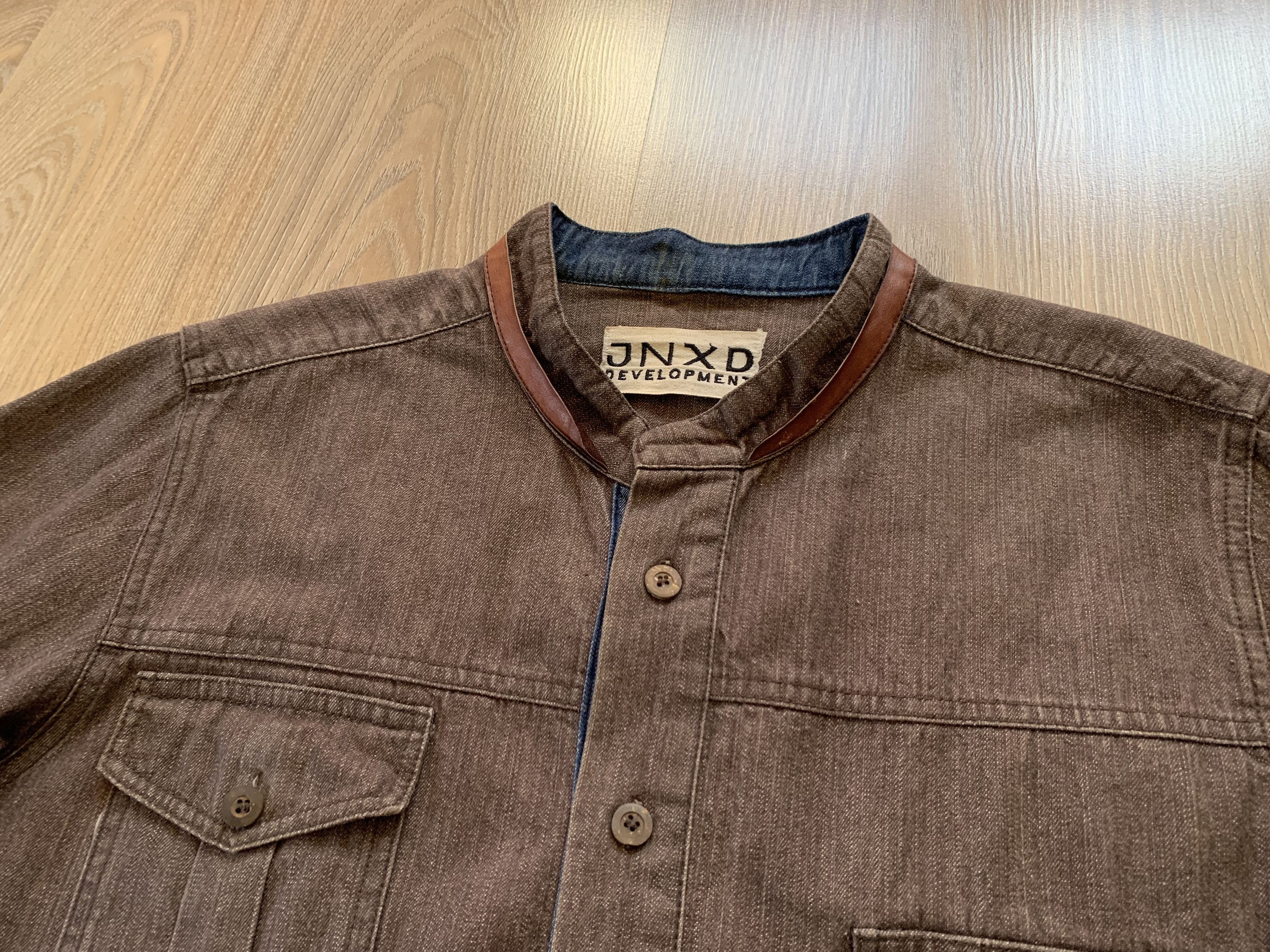 Japanese Brand Rare Vintage JNXD Leather Patched Denim Shirt Size US M / EU 48-50 / 2 - 5 Thumbnail