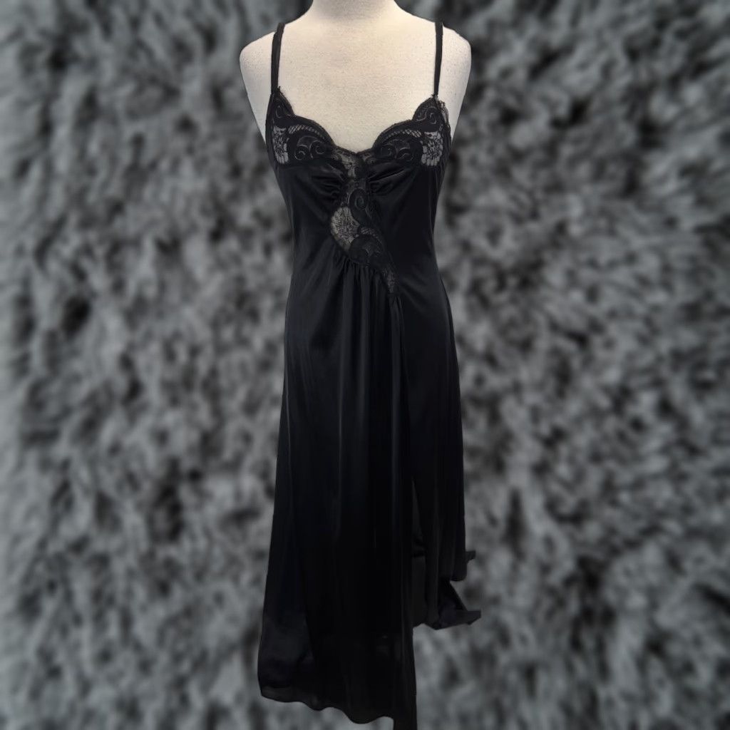 Vintage VINTAGE Kayser Nylon Nightgown Women’s M Black Lace Inserts Long 70s Made USA Womens Size ONE SIZE - 1 Thumbnail