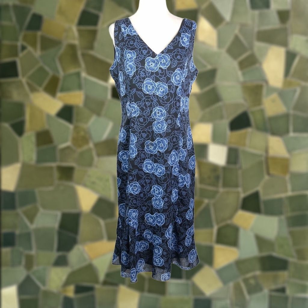 Ann Taylor VINTAGE Ann Taylor LOFT Navy Blue Floral Midi Dress Sleeveless V-Neck 8 Women 90s Size M / US 6-8 / IT 42-44 - 1 Thumbnail