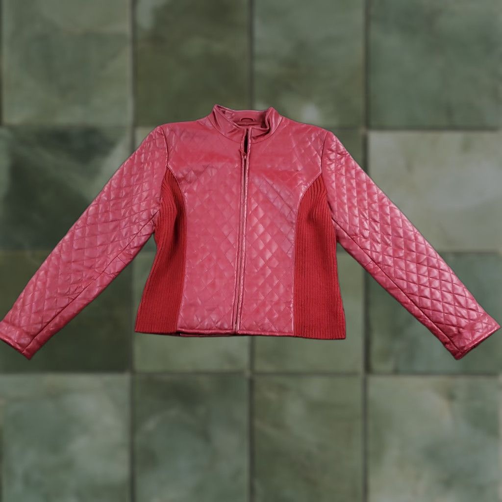 Vintage Clothes by Revue Jacket Womens 10 Red Quilted Lamb Leather Zip Front Knit Trim Size L / US 10 / IT 46 - 1 Thumbnail