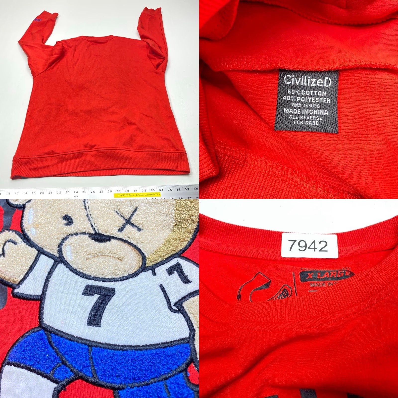 Vintage Civilized Sweatshirt Mens XL Red Embroidered Kapernick #7 Bear Crewneck EUC Size US XL / EU 56 / 4 - 9 Thumbnail