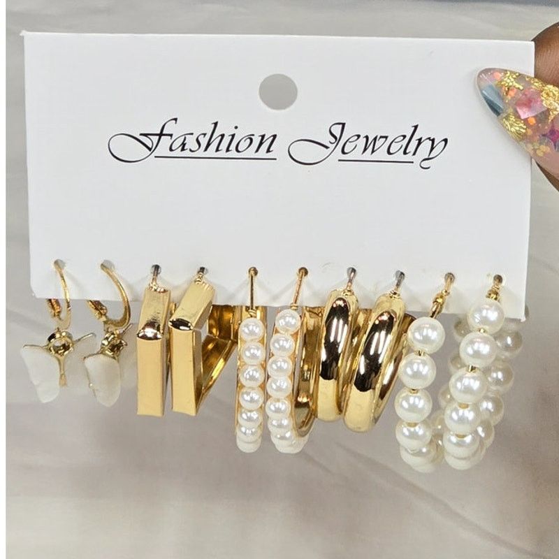 Other Gold & Pearl Hoop Earring Set (5 Pairs) Size ONE SIZE - 1 Thumbnail