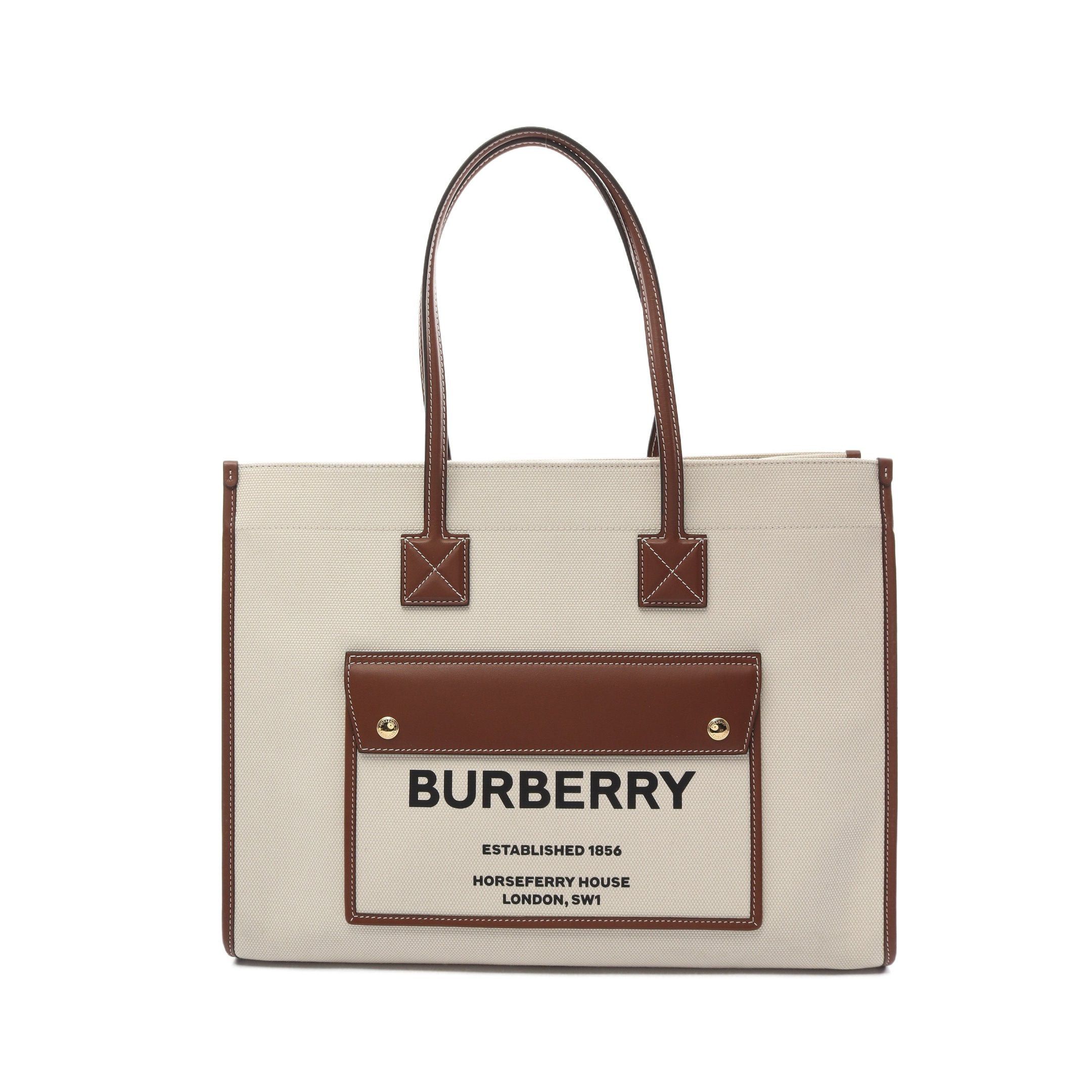 image of Burberry Freya Tote Freya Handbag Tote Bag Canvas Leather Off White Brown, Women's