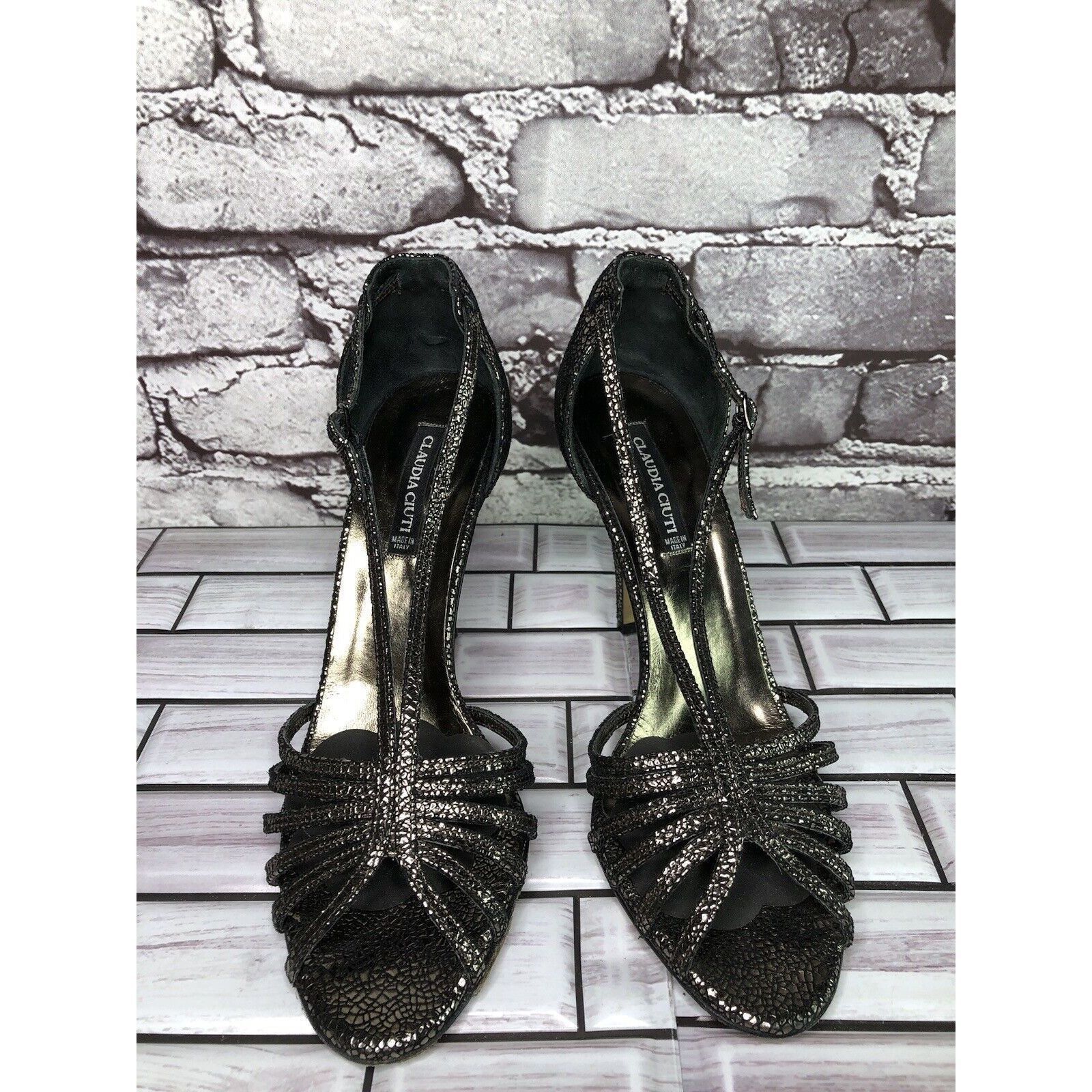 Other Claudia Ciuti Pewter Leather Cracked Ankle Strap Dress Heels Size US 7 / IT 37 - 11 Thumbnail