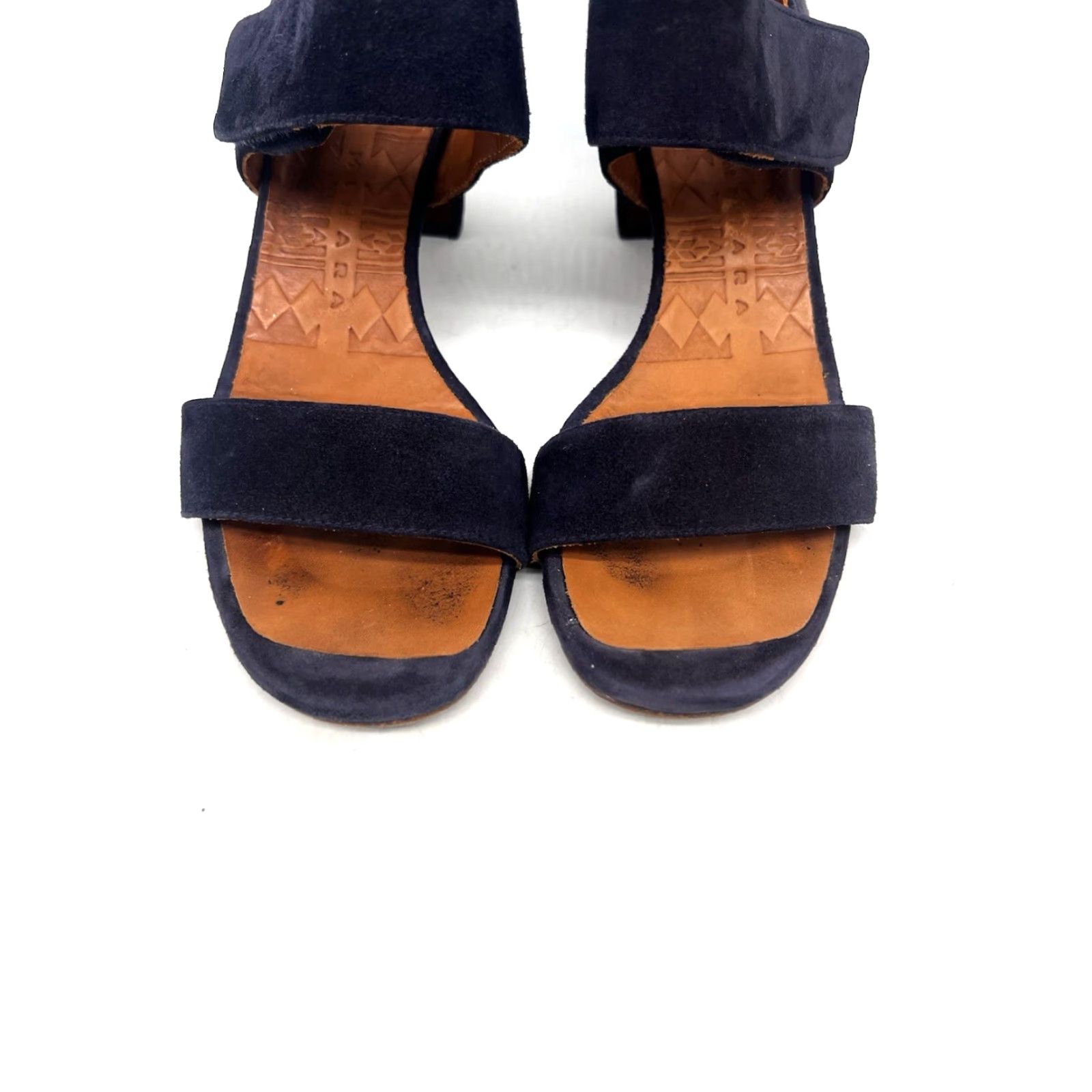 Vintage Chie Mihara Blue Suede Strap Sandals 2.5" Heel Women's Size 7 Open Toe Hook & Loop Stylish Block Heels Made in Spain Size US 7 / IT 37 - 2 Thumbnail