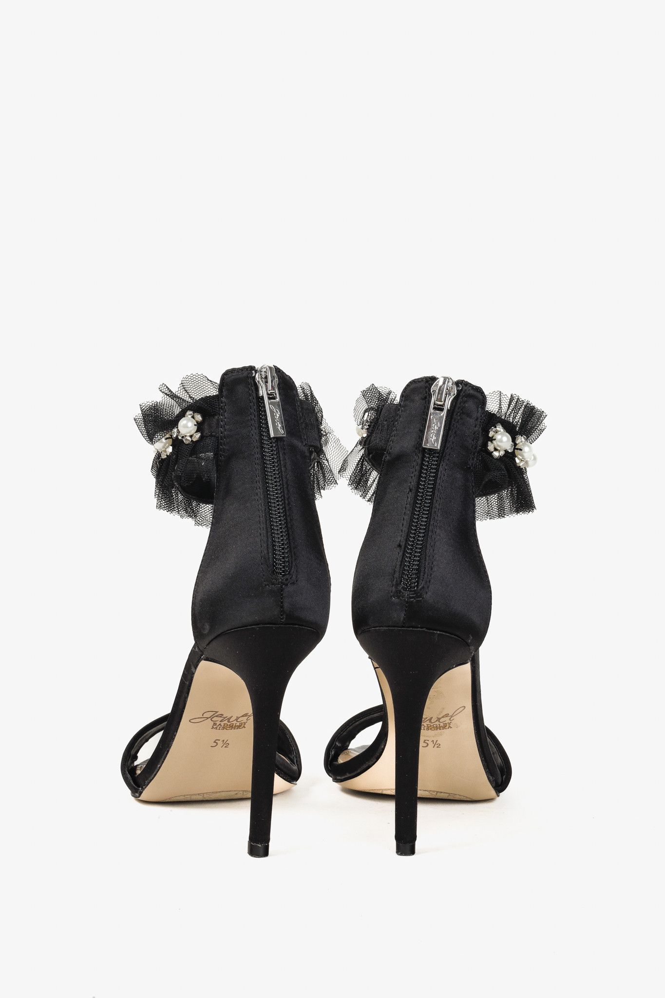 Badgley Mischka Badgley Mischka Jewel Black Tulle Ruffle and Pearl Sandals Size US 5.5 / IT 35.5 - 3 Thumbnail
