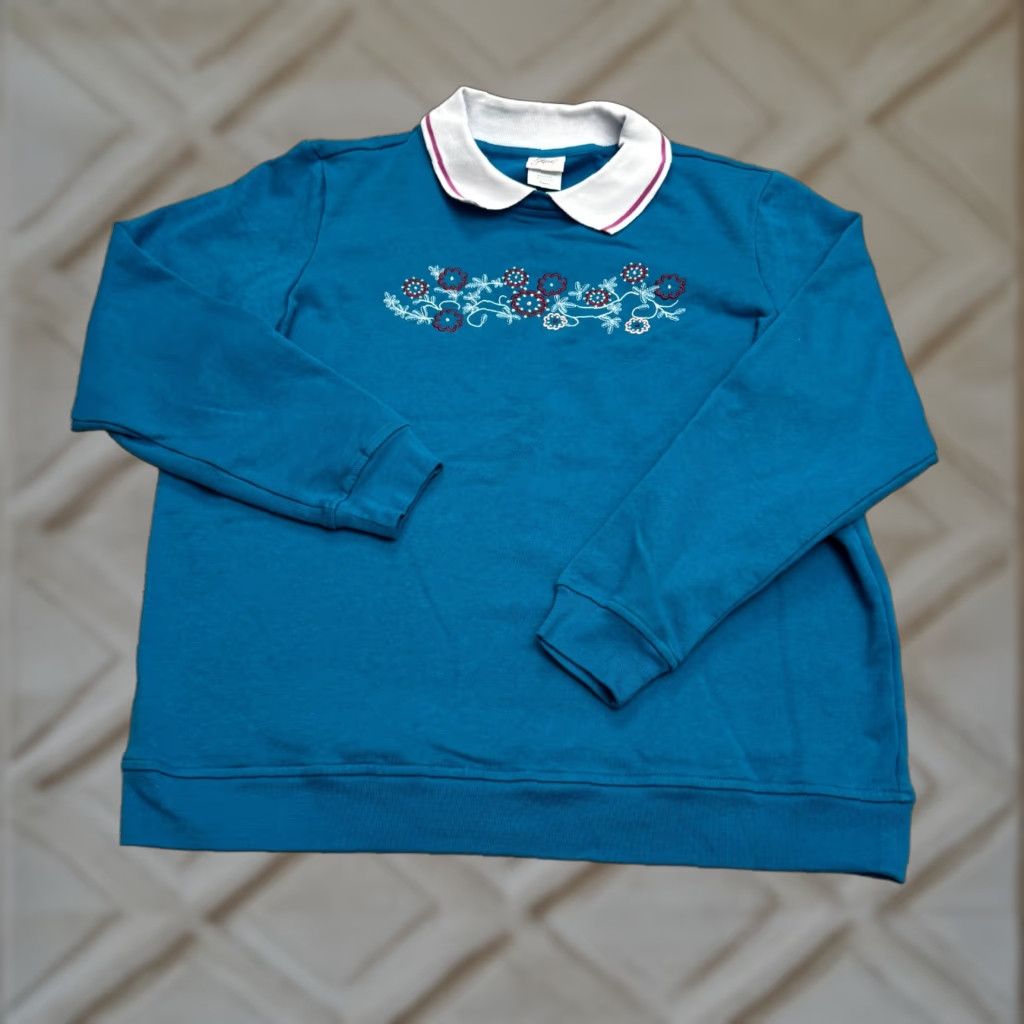 Vintage Adrian Delafield Womens Collared Pullover Sweatshirt L Blue Floral Embroidered Knit Shirt Womens Regular Size L Size L / US 10 / IT 46 - 1 Thumbnail
