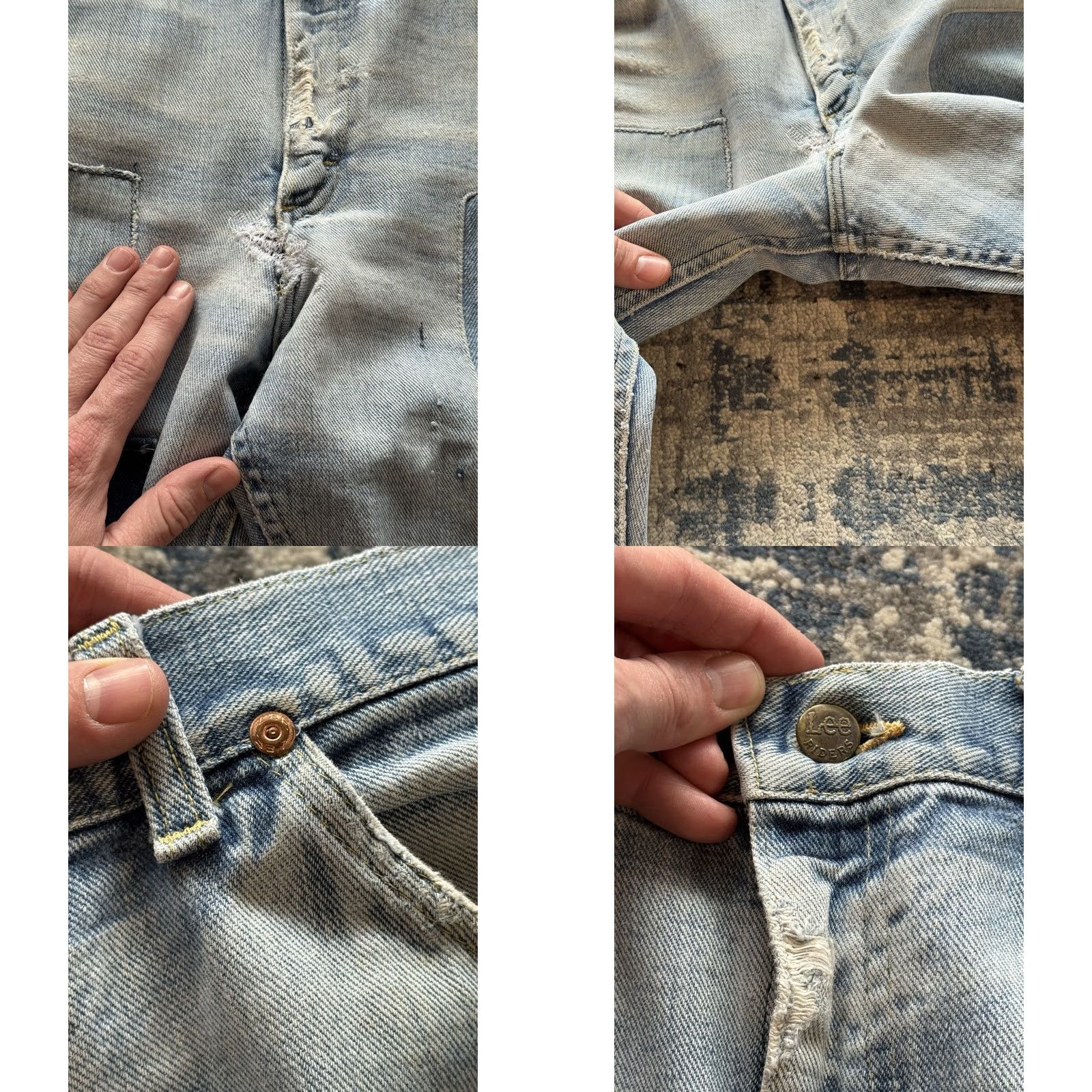 Lee VINTAGE Lee Riders Denim Jeans 70s Distressed Patchwork 33W 31L Blue Scovill Zipper Mens/Boys Jeans Size US 33 - 8 Thumbnail