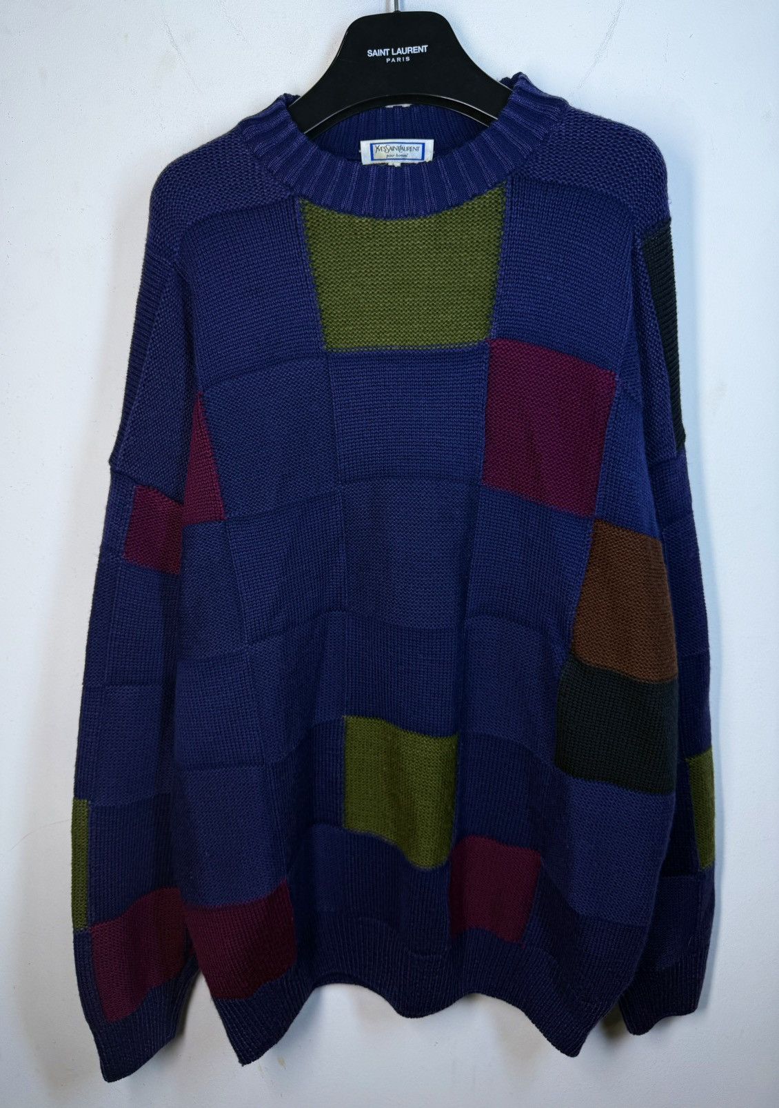 Yves Saint Laurent 🇮🇹 90s Wool YSL Sweater Knit Patchwork Saint Laurent Paris Size US L / EU 52-54 / 3 - 1 Thumbnail