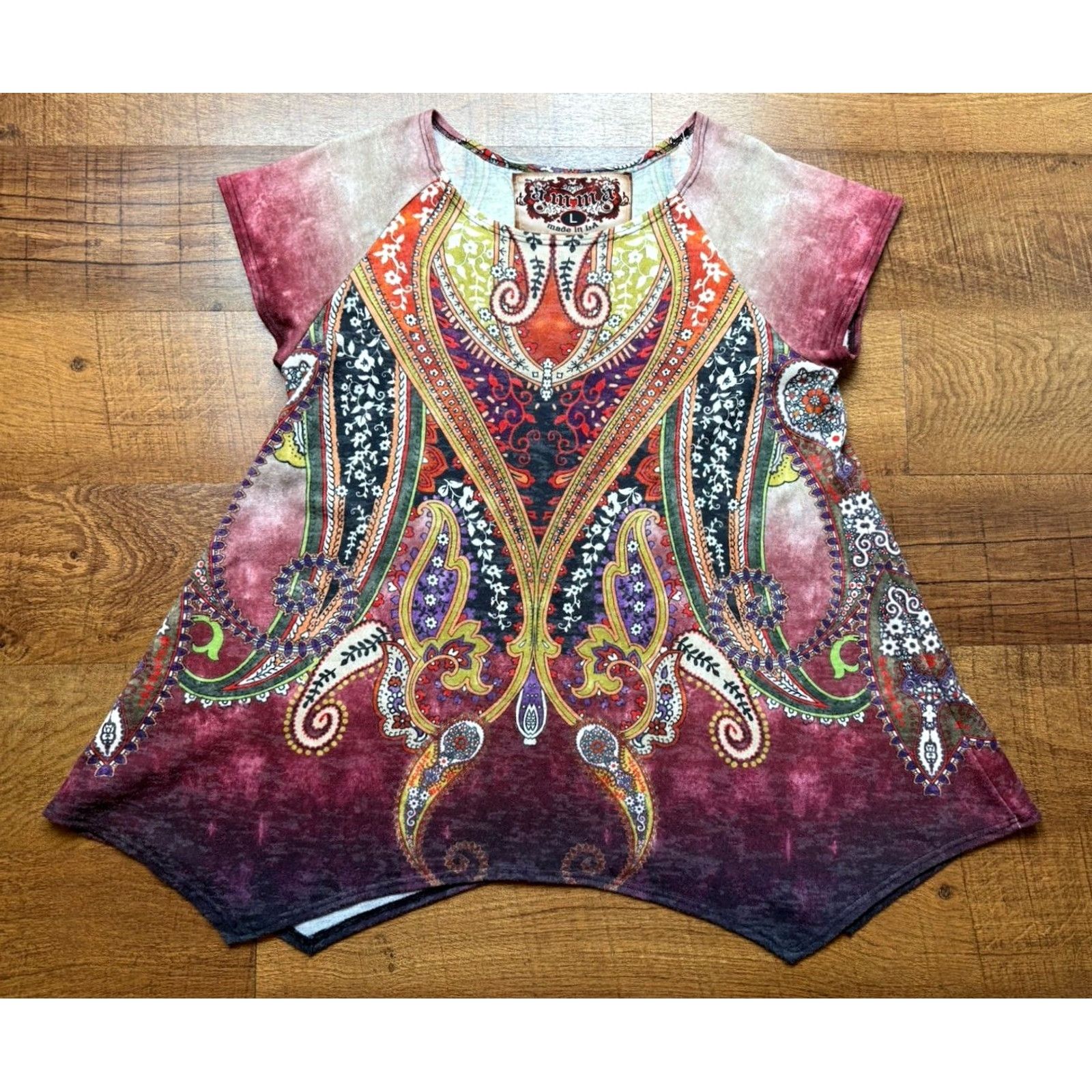 4SDESIGNS AMMA Designs Made In LA Tunic Style Top Women’s Short Sleeve Artsy L Multicolor Paisley Tunic Womens Size L / US 10 / IT 46 - 2 Thumbnail